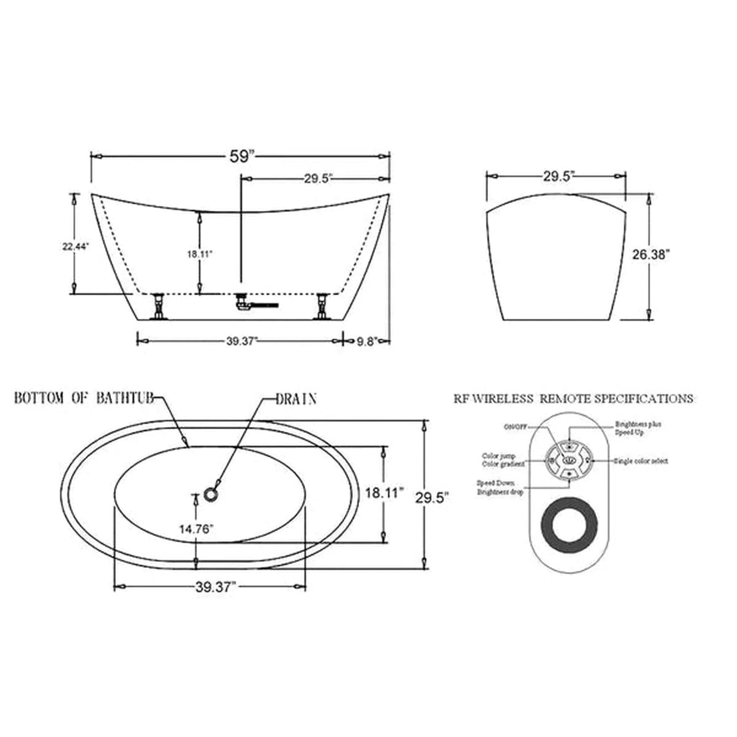 Empava 59" White Freestanding Oval Soaking Bathtub With LED Strip Below With Center Drain
