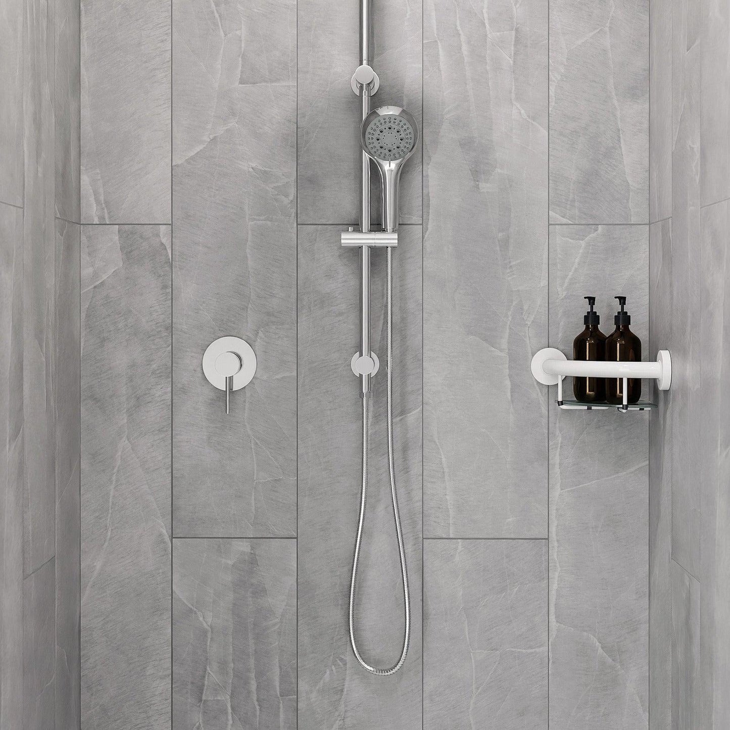 Evekare 10" Stainless Steel Concealed Mount Corner Grab Bar With Integrated Glass Shelf in White