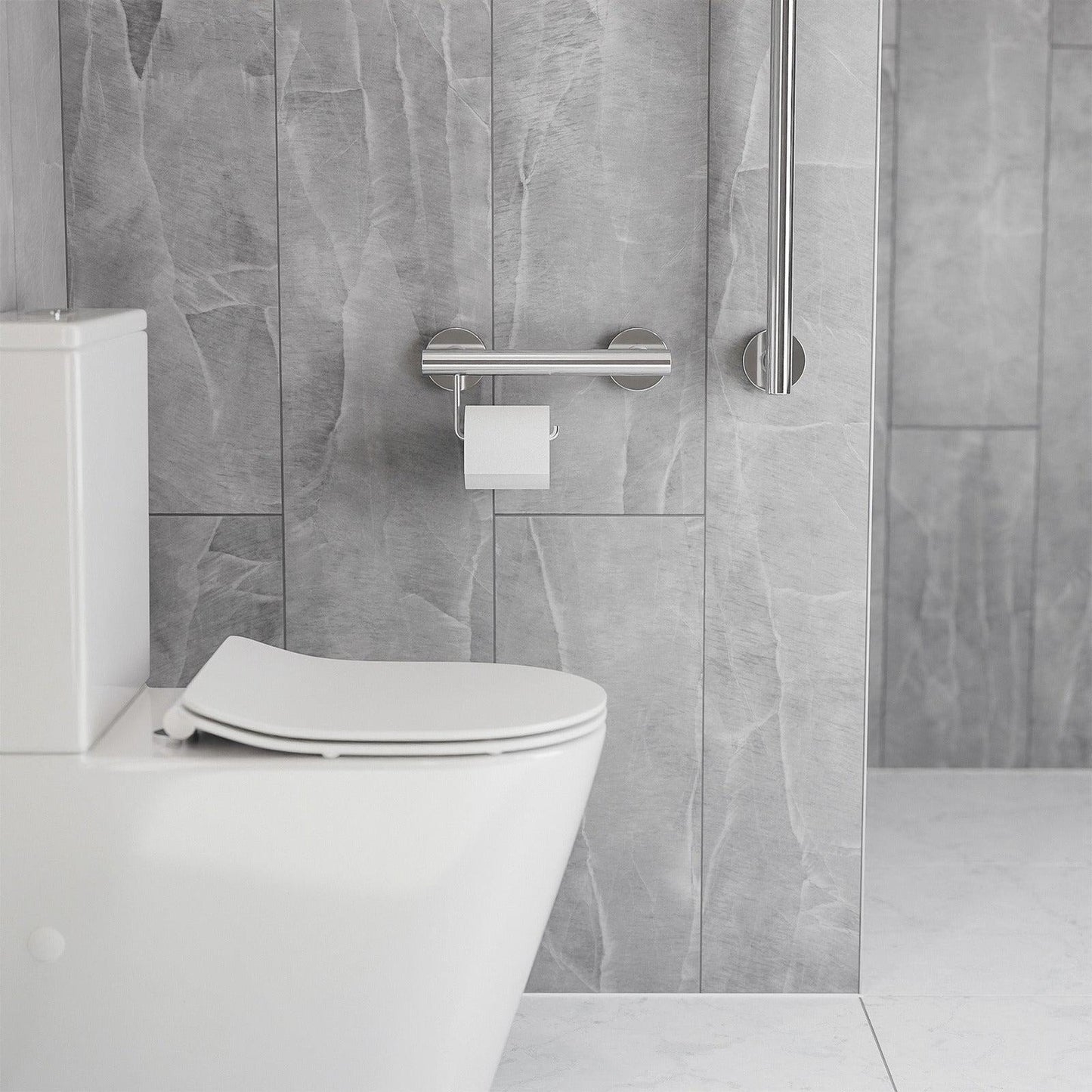 Evekare 12" Polished Stainless Steel Concealed Mount Grab Bar With Integrated Toilet Roll Holder