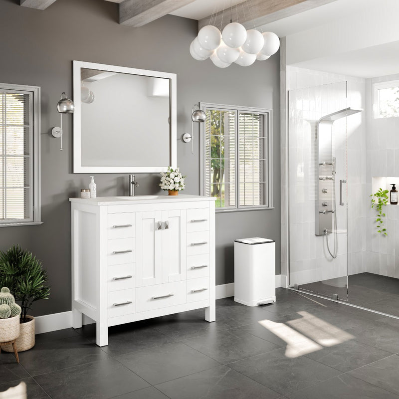 Eviva Hampton 36" Single Sink White Vanity With Carrara Quartz Top and Porcelain Uncdermount Sink