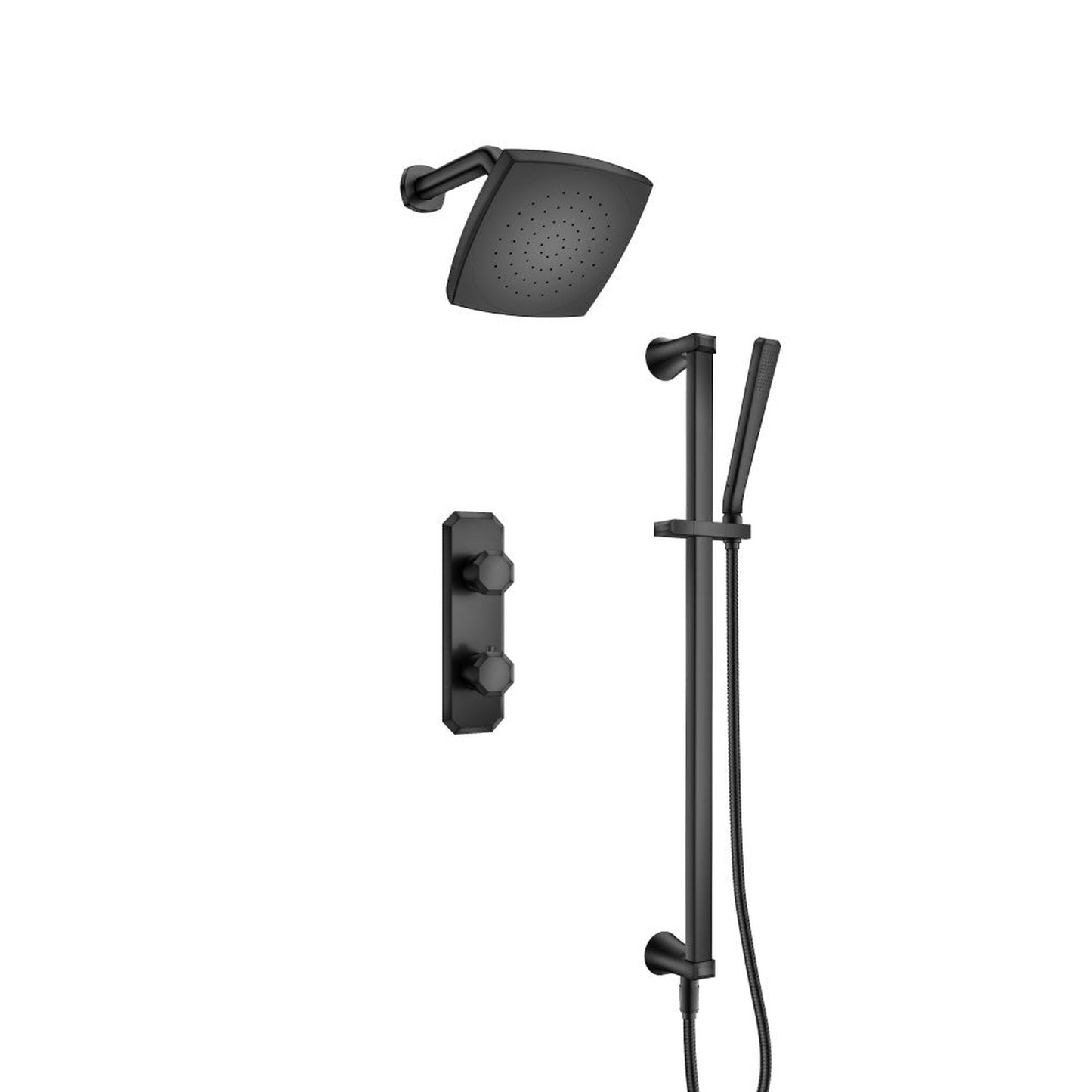 Flusso Faucets Serie 230 Matte Black Two Output Shower Set With Shower Head, Hand Held And Slide Bar