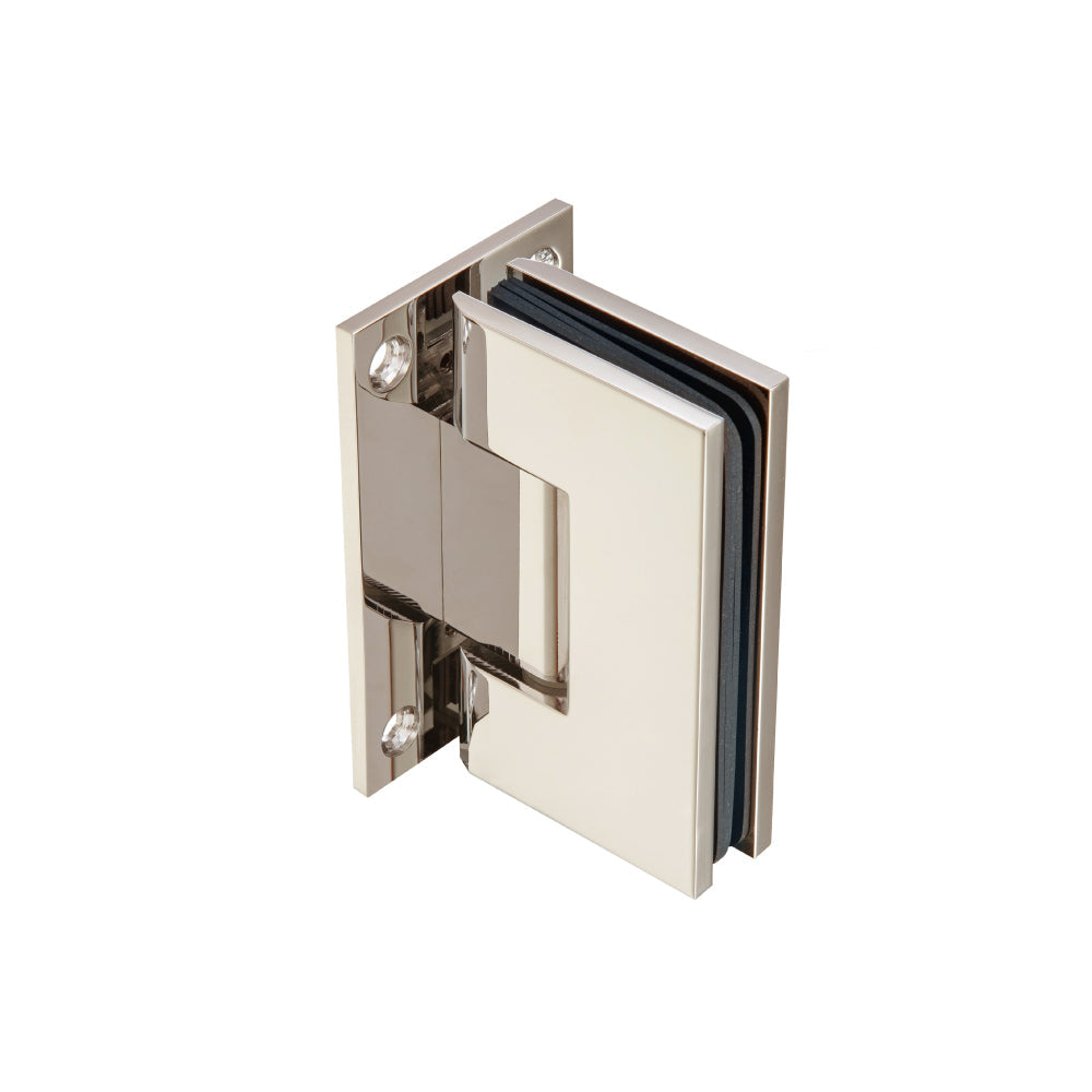 Flusso Faucets Wall To Glass Heavy Duty Self Centering Shower Door Hinge in Polished Nickel Finish