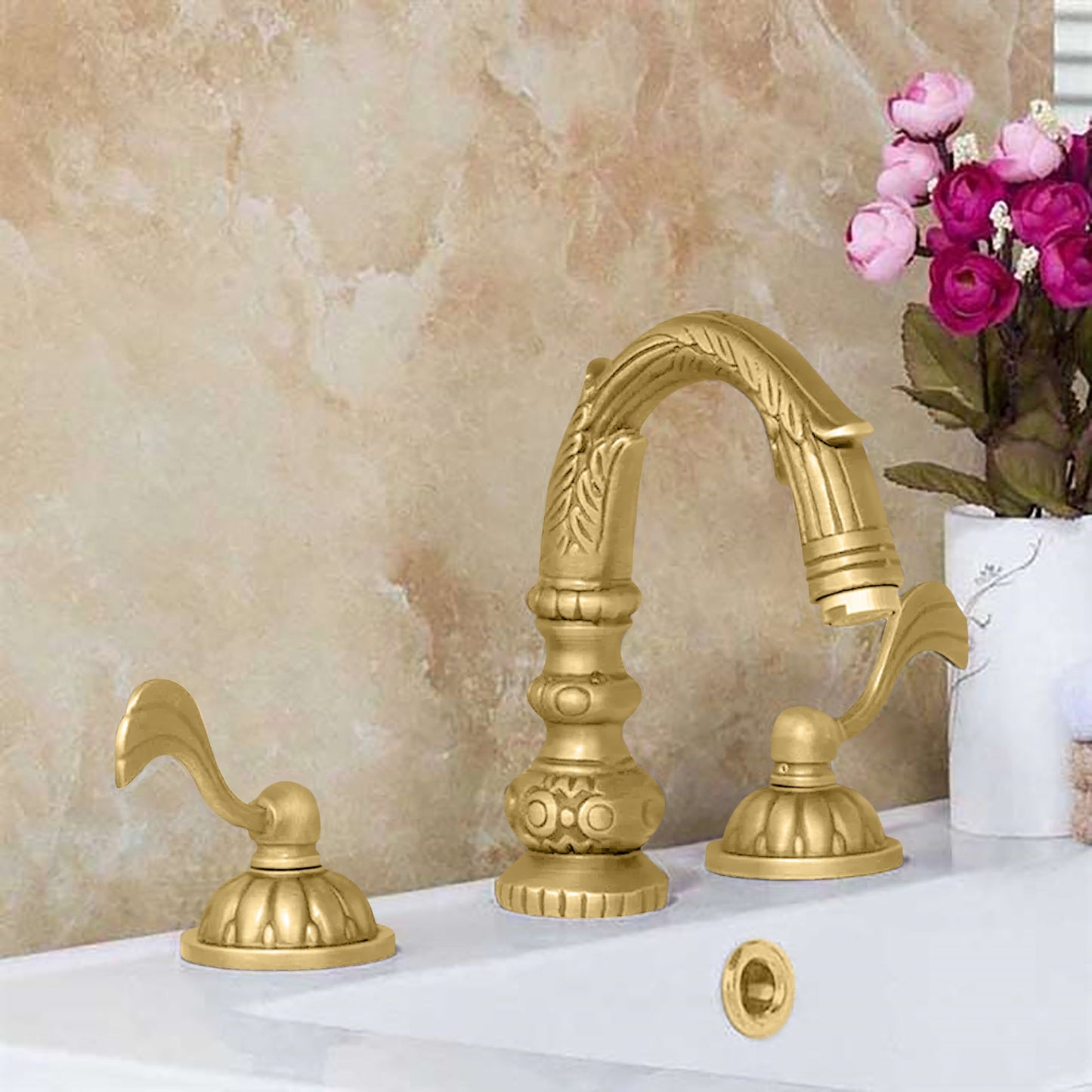Fontana Aviles 8" Widespread 1.5 GPM Antique Deck Mounted Dual Handle Brushed Gold Sink Faucet