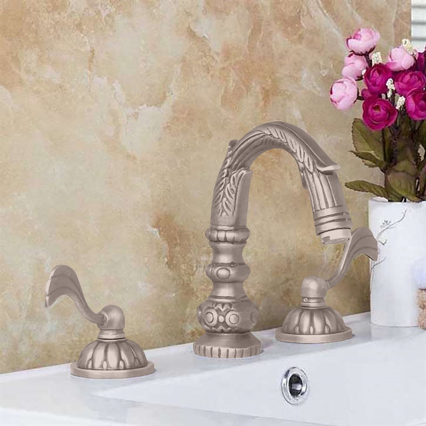Fontana Aviles 8" Widespread 1.5 GPM Antique Deck Mounted Dual Handle Brushed Nickel Sink Faucet