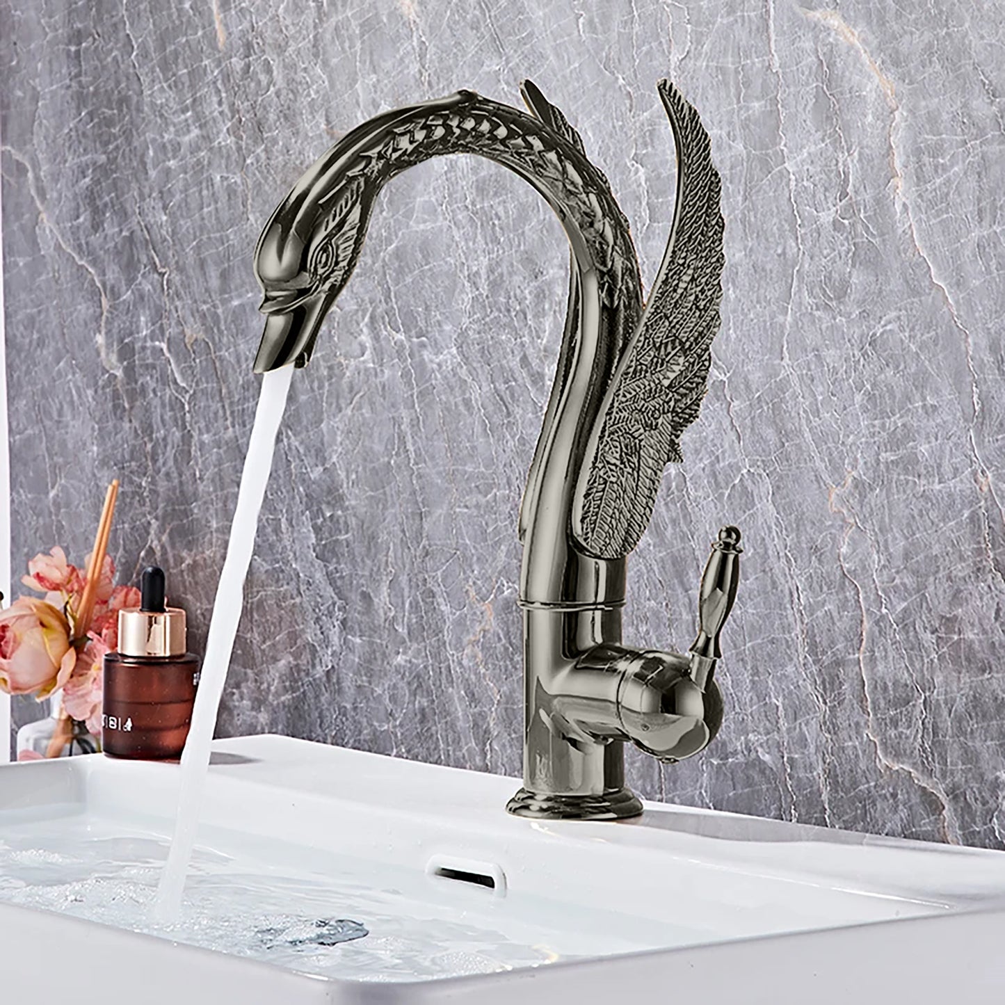 Fontana Beniarjo Antique Swan Shape Dual Handle Hot And Cold Gun Metal Gray Faucet
