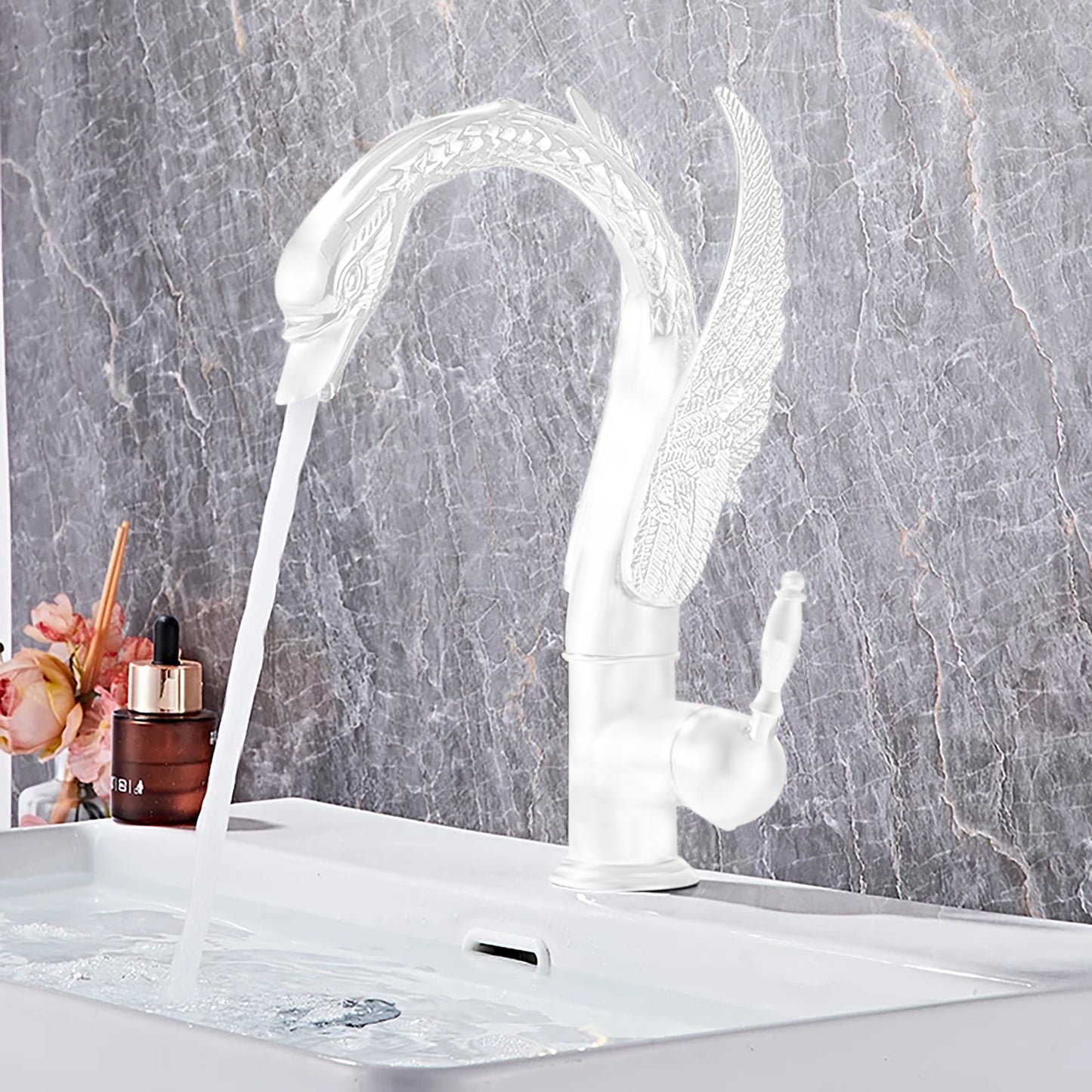 Fontana Beniarjo Antique Swan Shape Dual Handle Hot And Cold Matte White Faucet