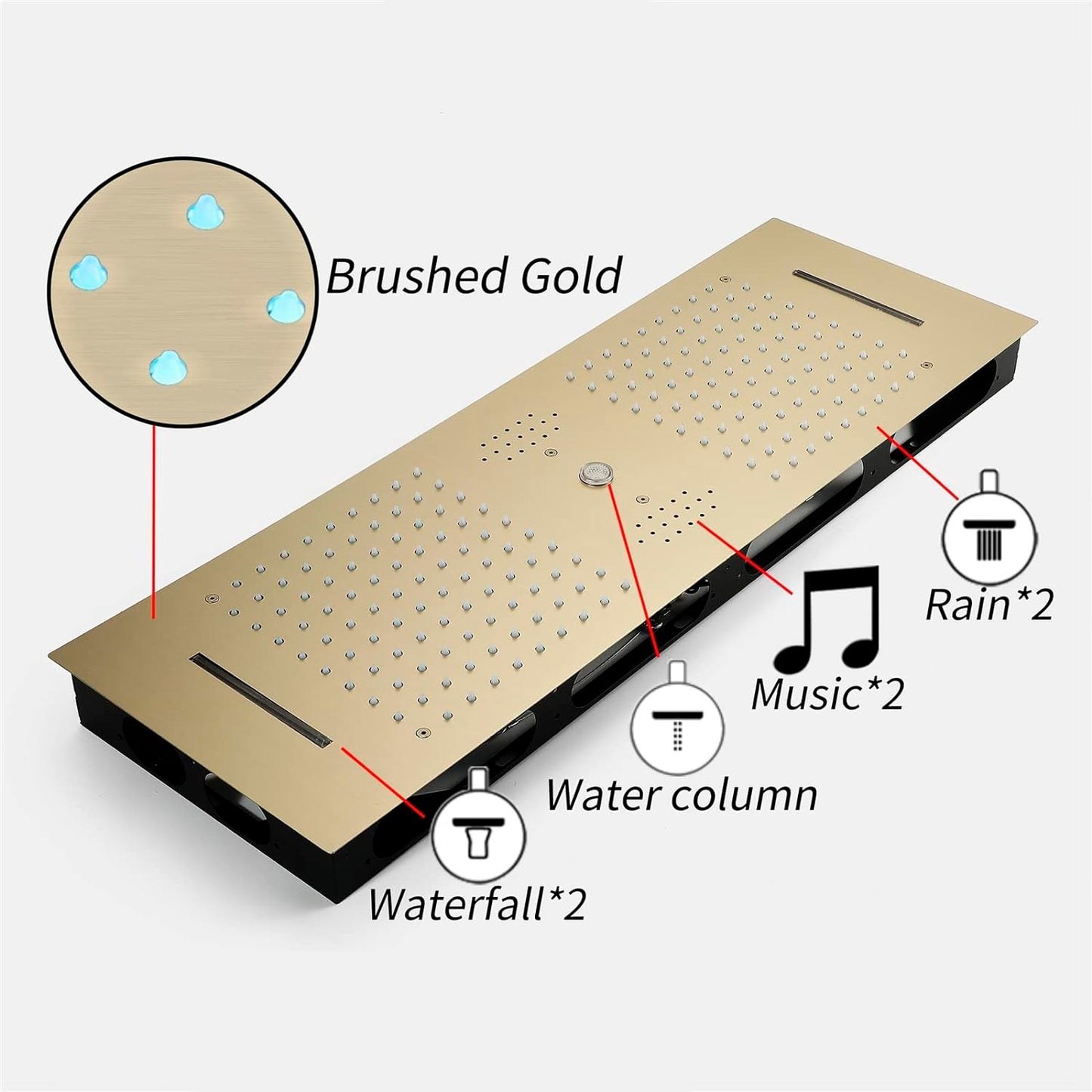 Fontana Tranquil Flow Remote Control LED Brushed Gold Ceiling Mounted Rain Shower Head