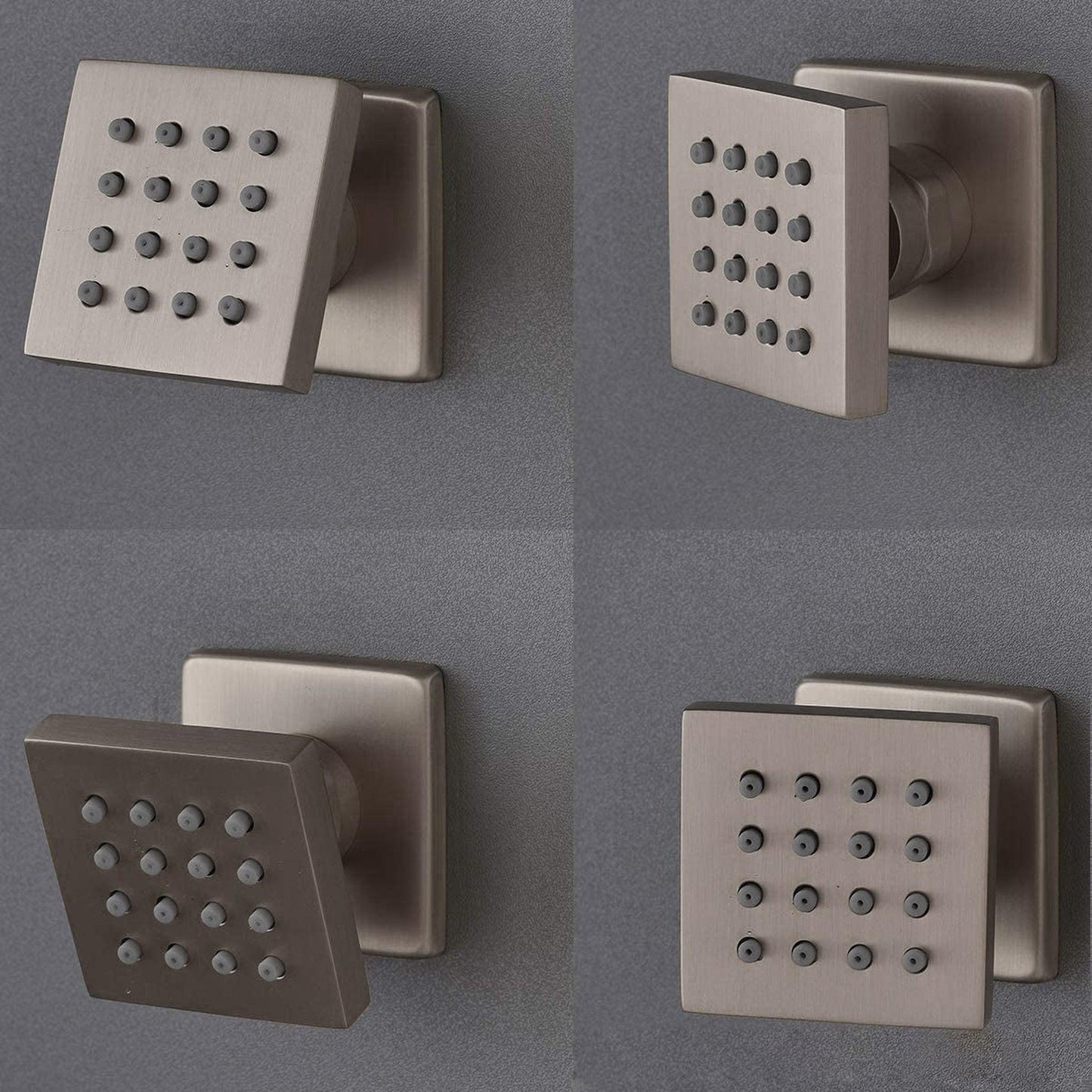 FontanaShowers Creative Luxury 40" Brushed Nickel Square Ceiling Mounted Rainfall Shower System With Thermostat Mixer, 6-Jet Body Sprays and Hand Shower