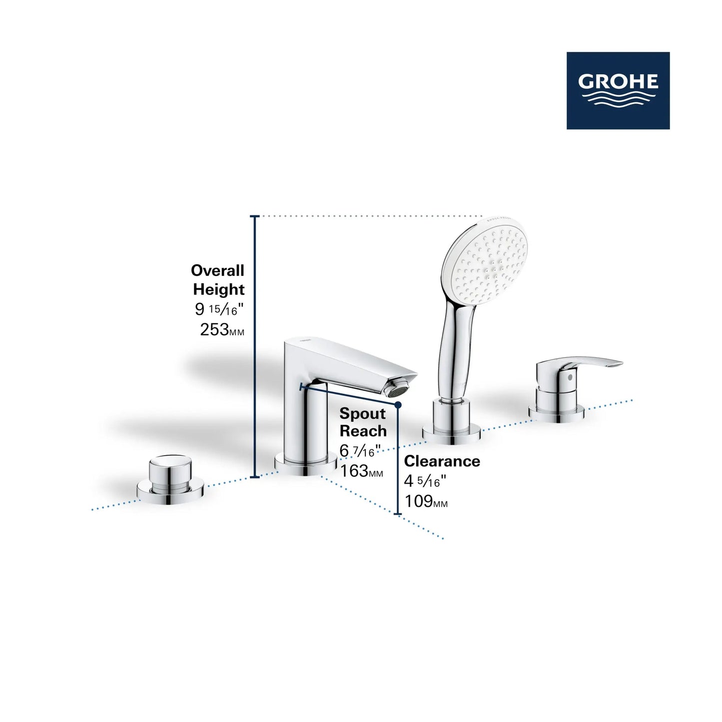 Grohe Eurosmart 4-Hole Single Handle Deck Mount Roman StarLight Chrome Tub Faucet With 1.5 GPM Hand Shower