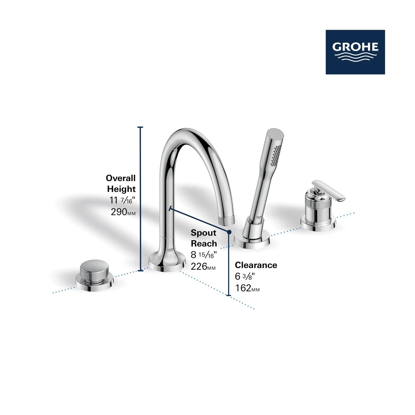 Grohe Listra 4-Hole Single-Handle Deck Mount StarLight Chrome Roman Tub Faucet With 1.75 GPM Hand Shower