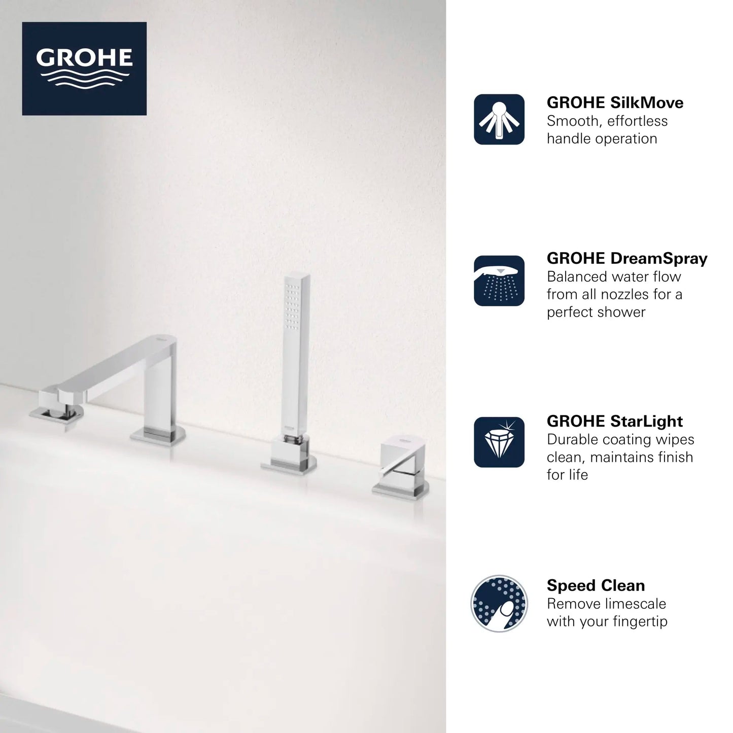 Grohe Plus StarLight Chrome 4-Hole Single-Handle Deck Mount Roman Tub Faucet With 1.75 GPM Hand Shower