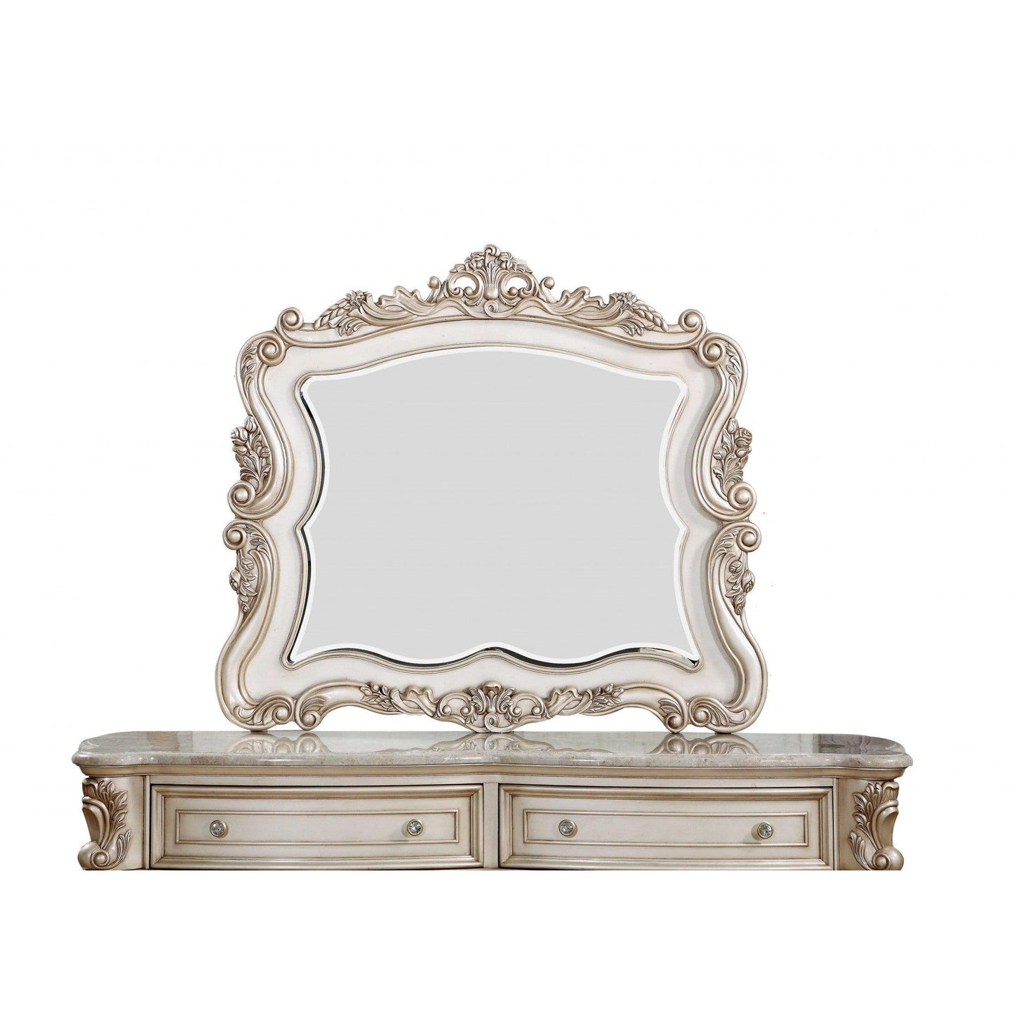 HomeRoots 44" Novelty Dresser Mirror With Solid Wood Frame in Antique White Finish