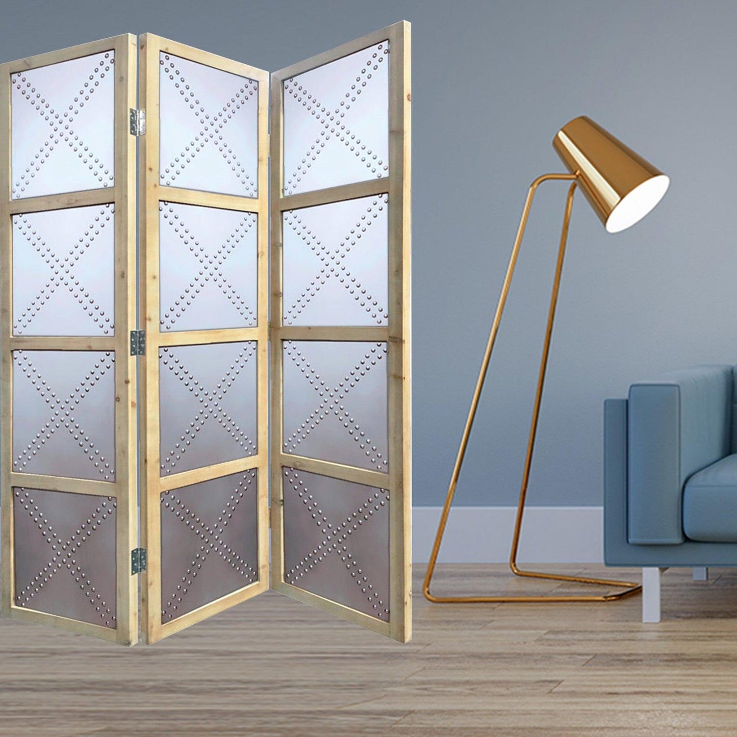 HomeRoots 63" x 2" x 84" Wood Three Panel Screen With Silver Finish
