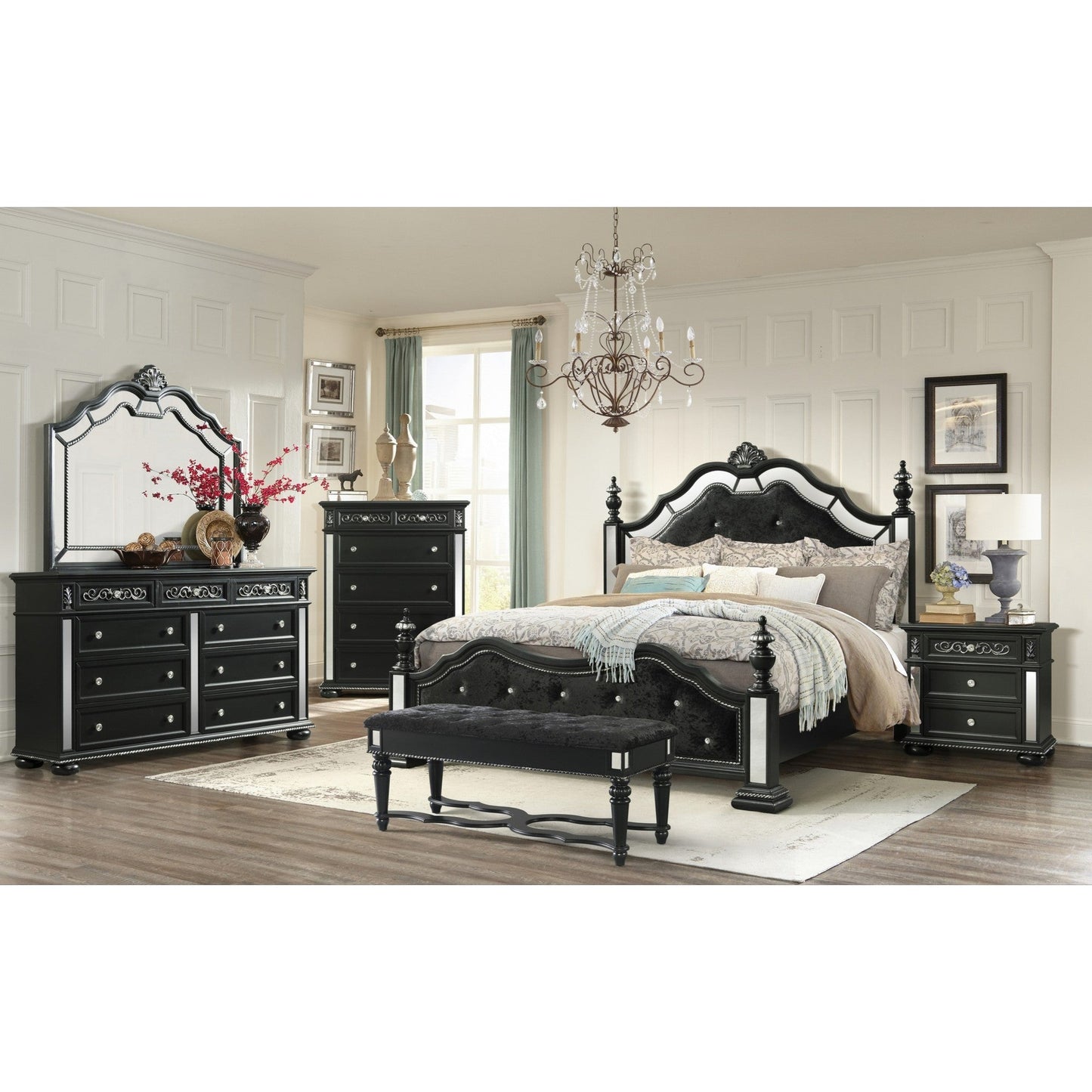 HomeRoots Black Jewel Heirloom Appearance Dresser With Intricate Carvings Mirrored Accents 9 Drawer
