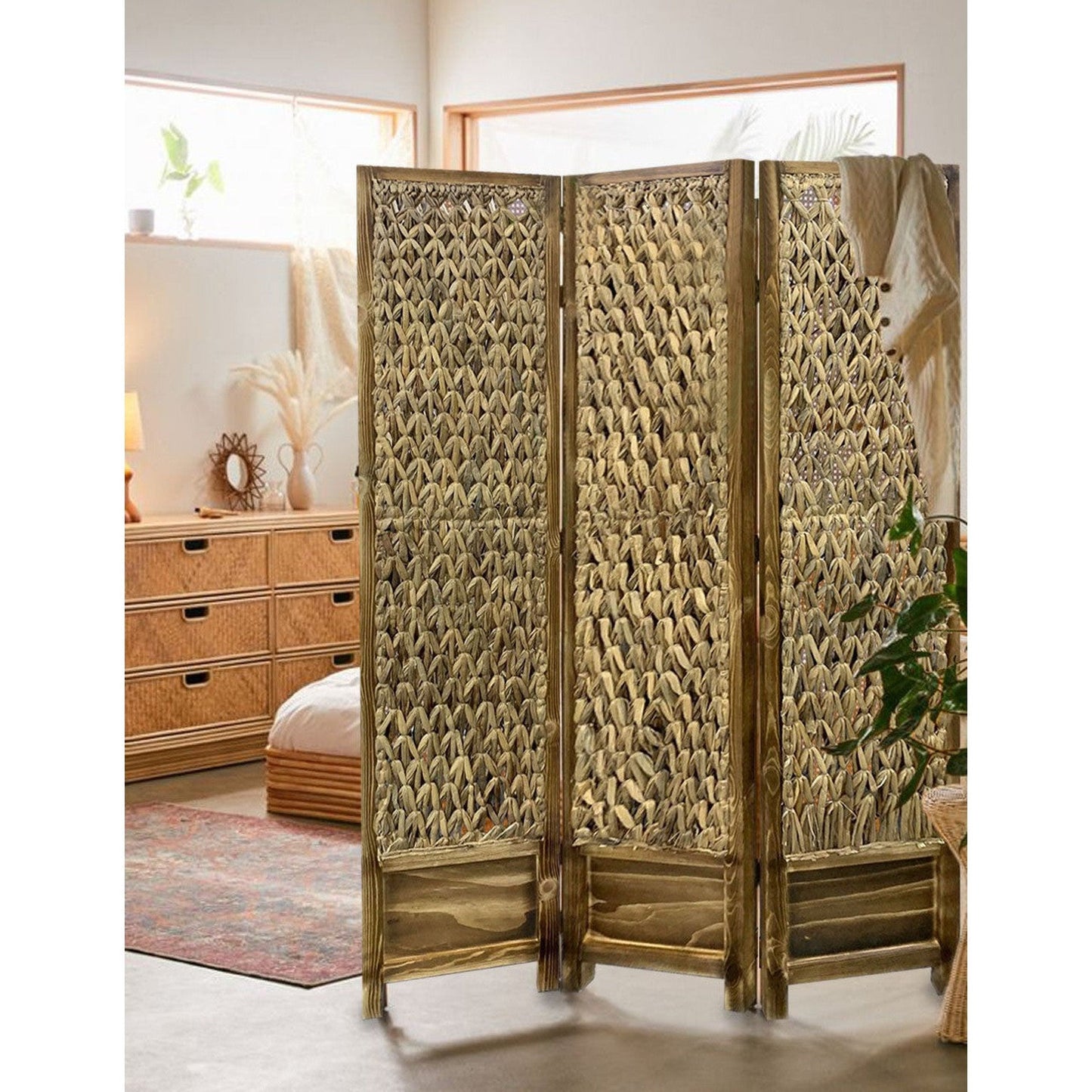 HomeRoots Casual Wood And Seagrass Three Panel Room Divider Screen in Brown Finish