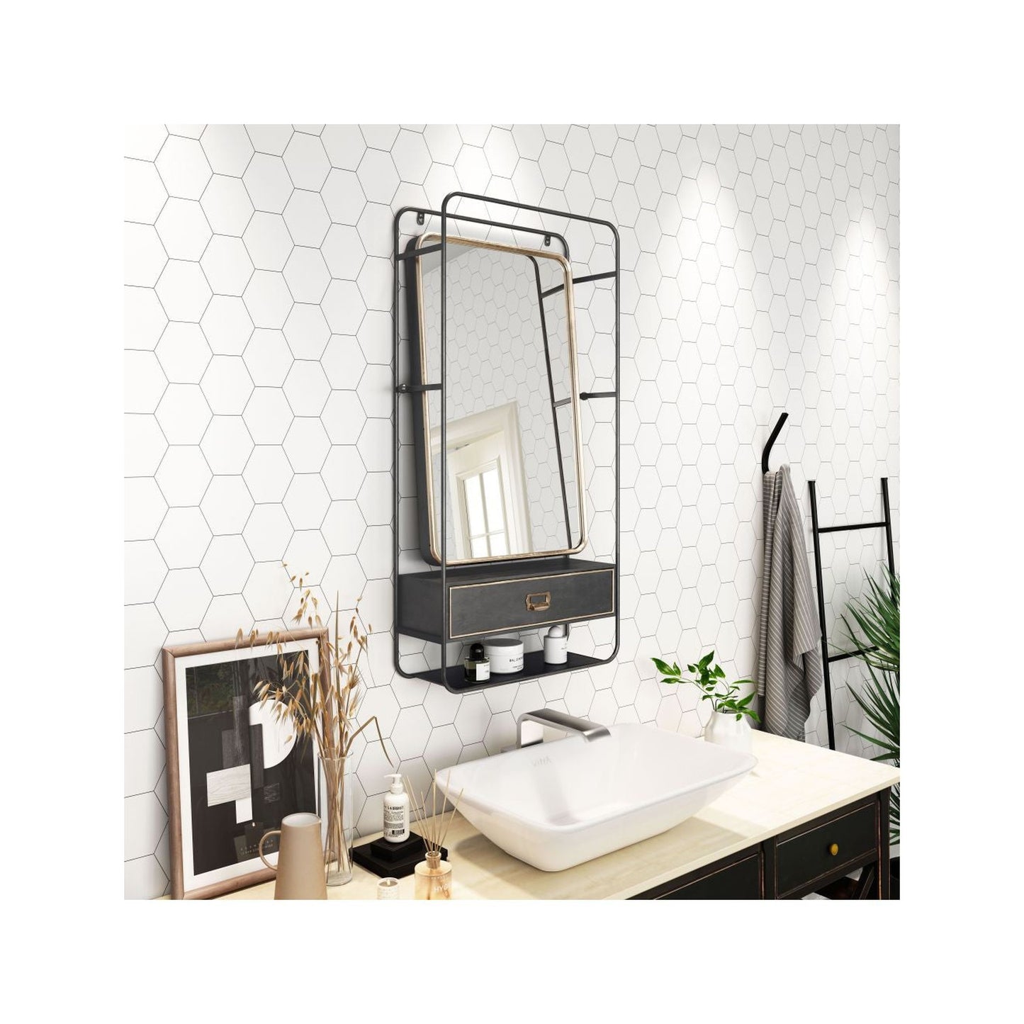 HomeRoots Distressed Industrial Gray and Gold Wall Mirror with Storage