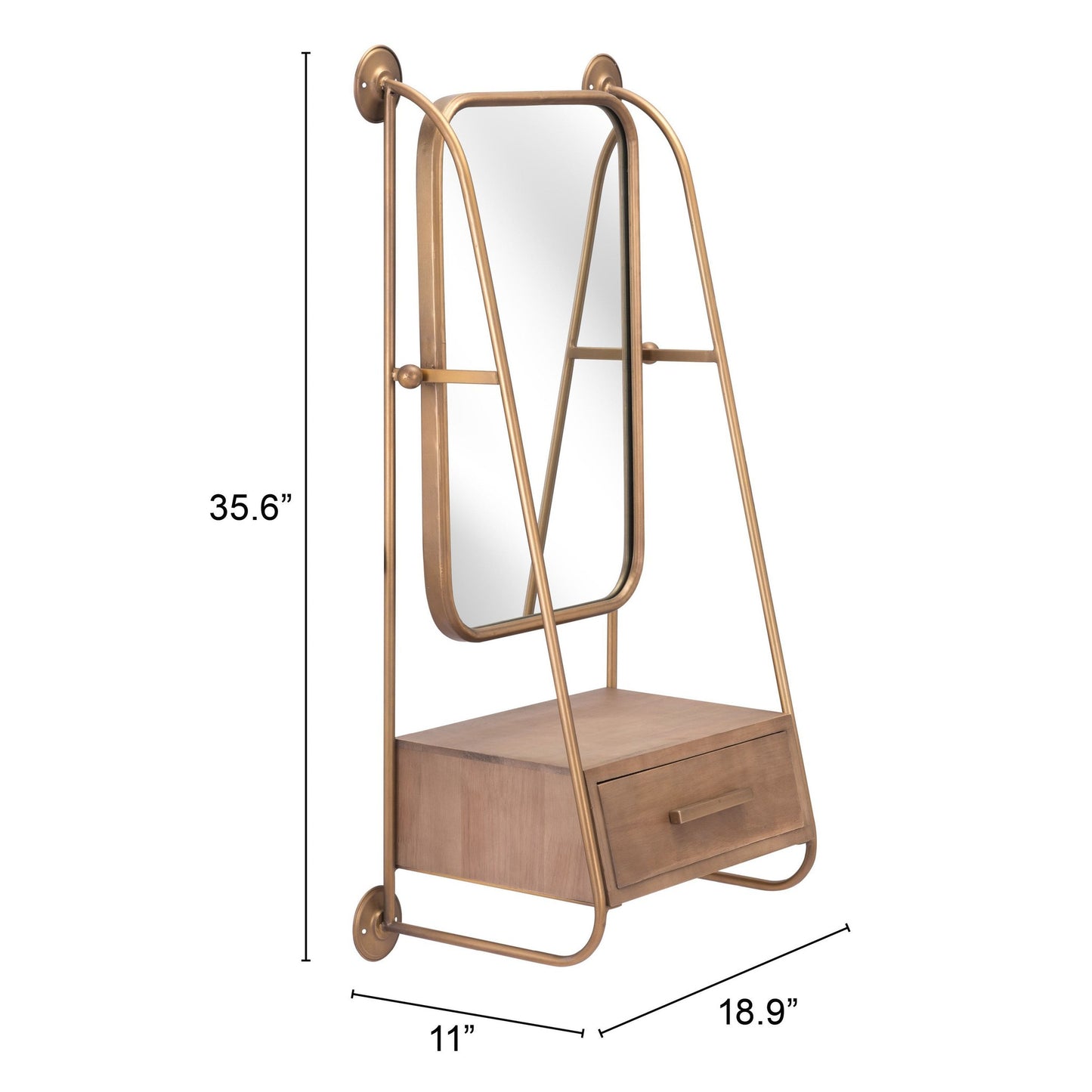 HomeRoots Gold Mirror Shelf with Birch Drawer