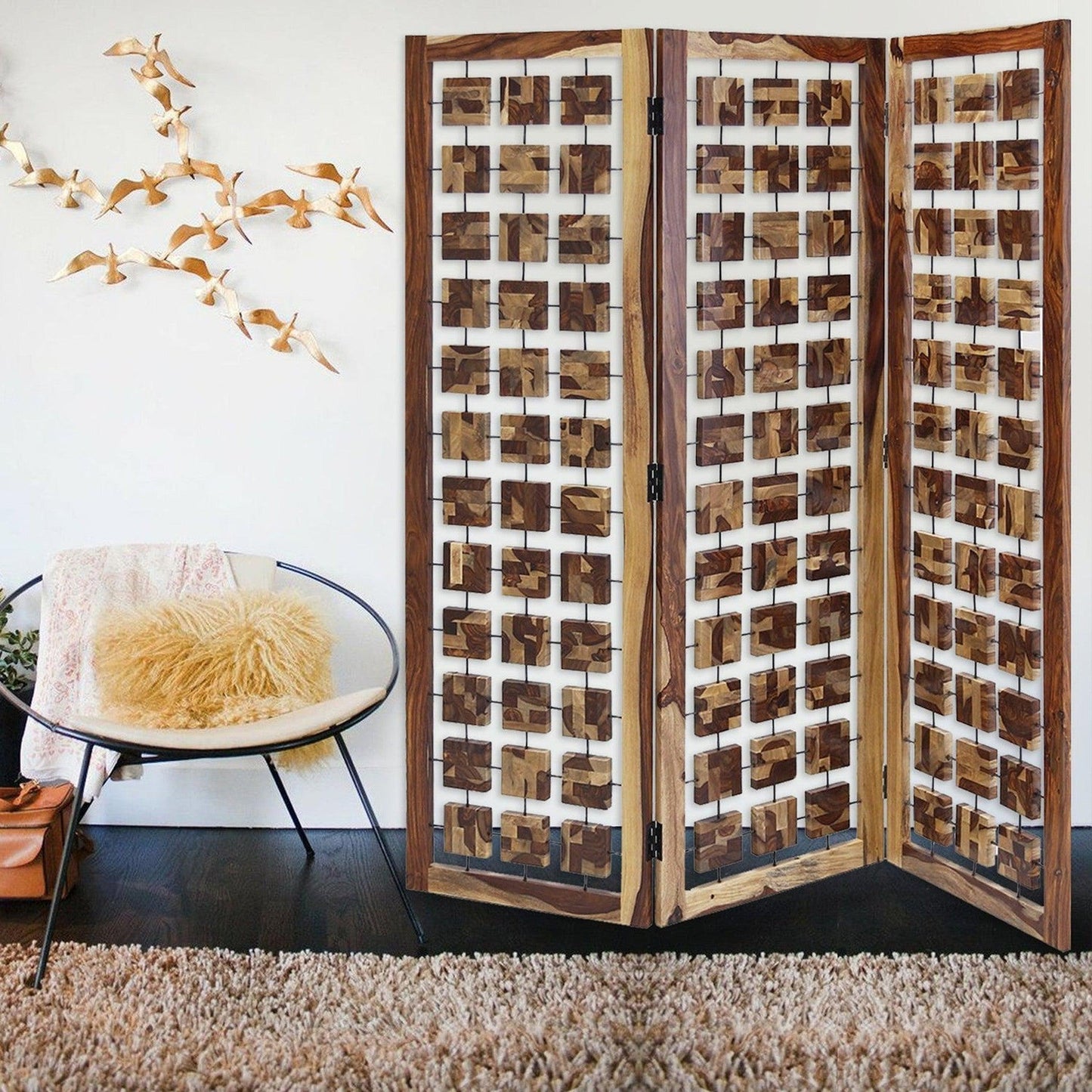 HomeRoots Mod Floating Wood Squares Three Panel Room Divider Screen in Brown Finish