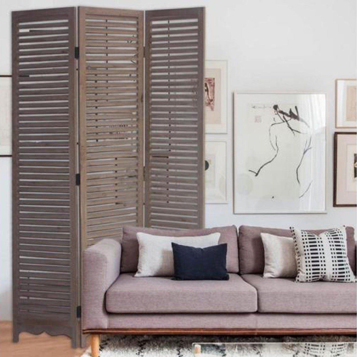 HomeRoots Shutter Three Panel Room Divider Screen With Distressed Light Wood Finish