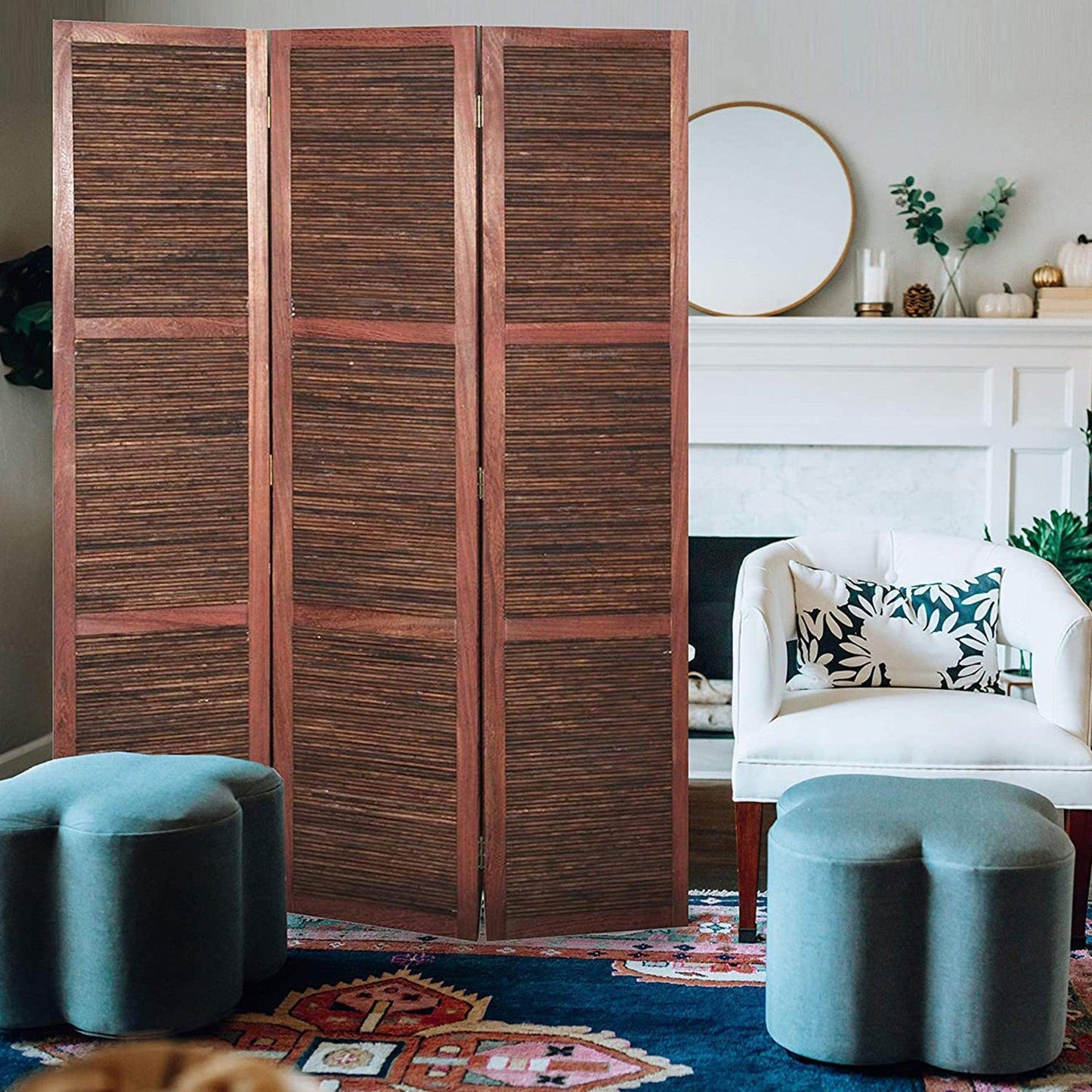 HomeRoots Three Panel Room Divider Screen in Warm Brown Finish