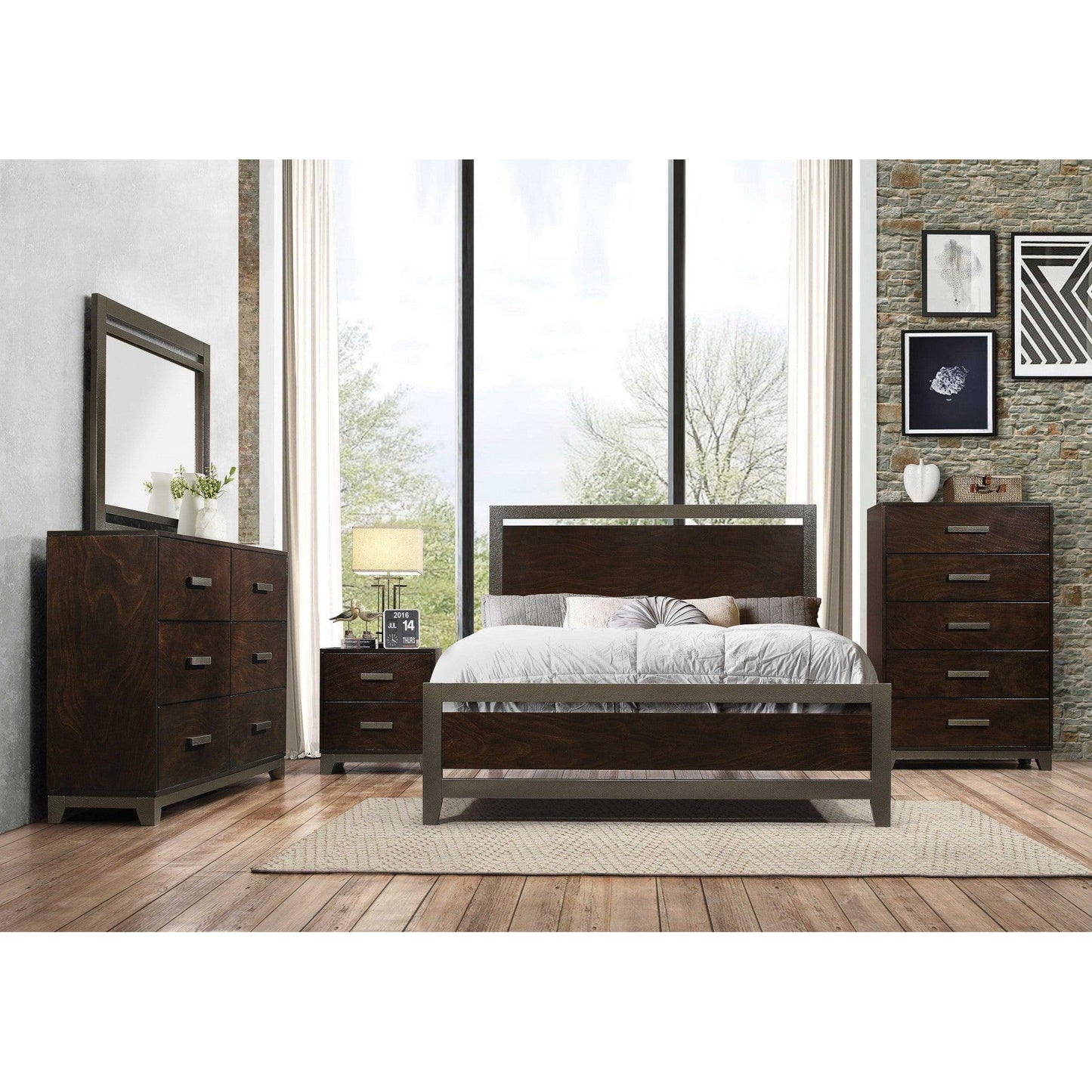 HomeRoots Wooden Transitional Rectangular Mirror in Walnut Brown Finish