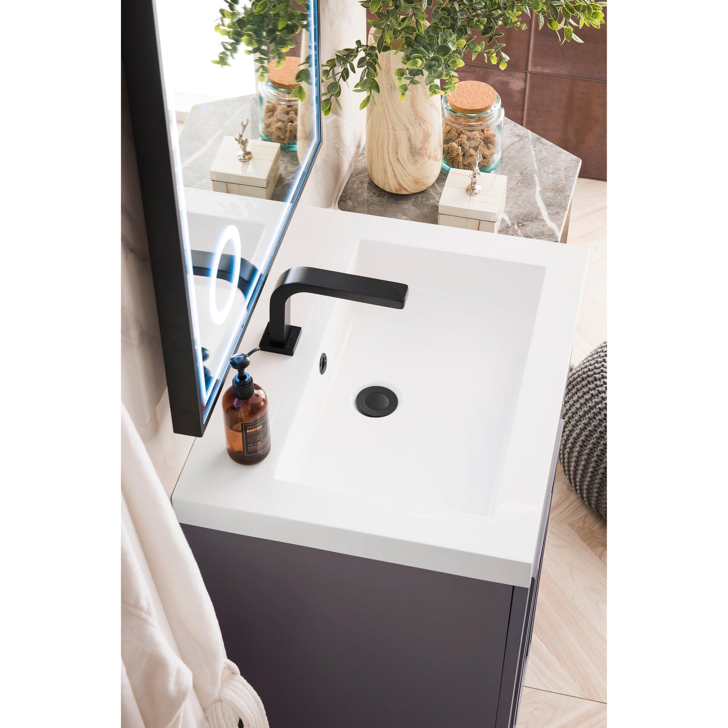 James Martin Vanities Alicante 24" Grey Smoke, Matte Black Single Vanity Cabinet With White Glossy Composite Countertop