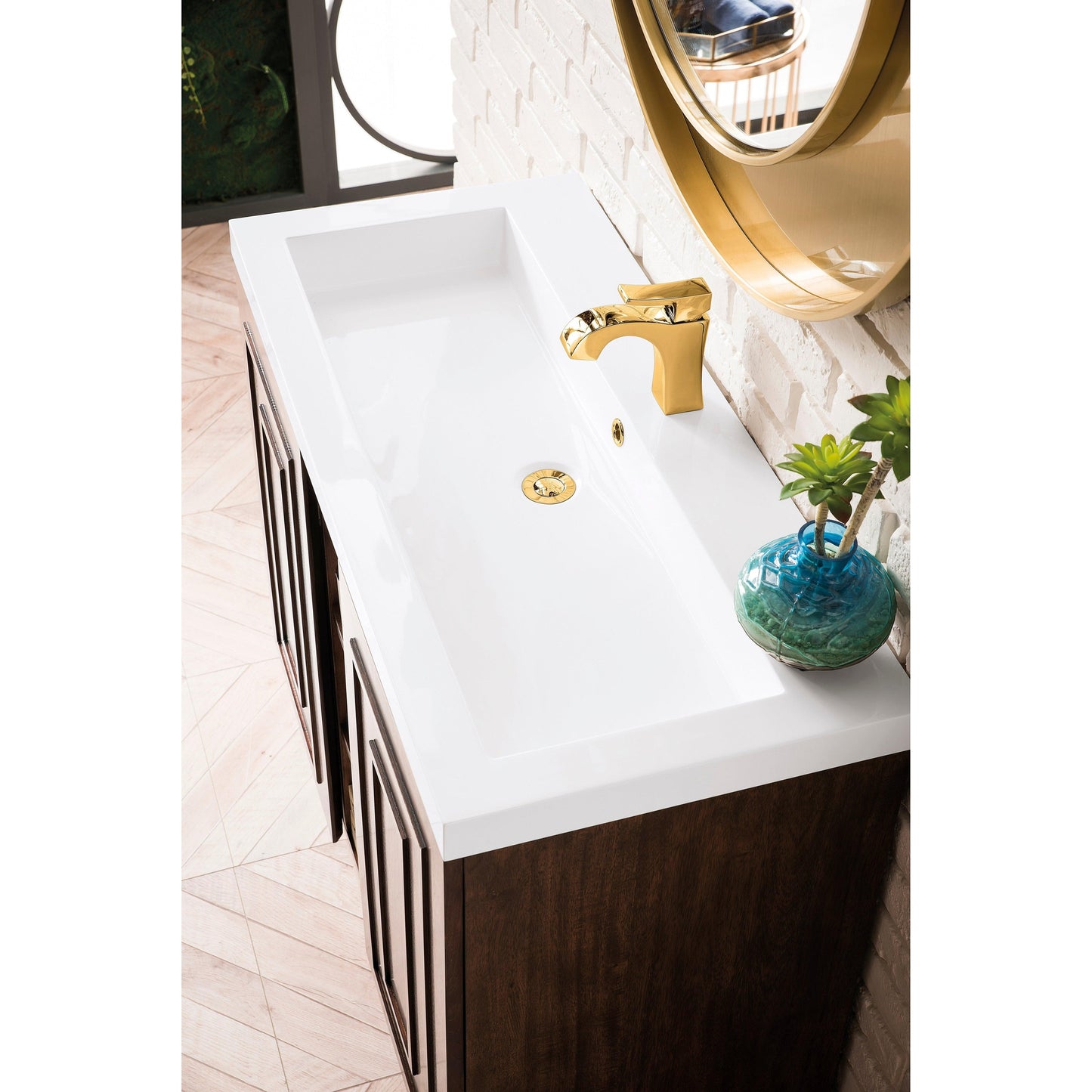 James Martin Vanities Alicante 39.5" Mid Century Acacia, Radiant Gold Single Vanity Cabinet With White Glossy Composite Countertop