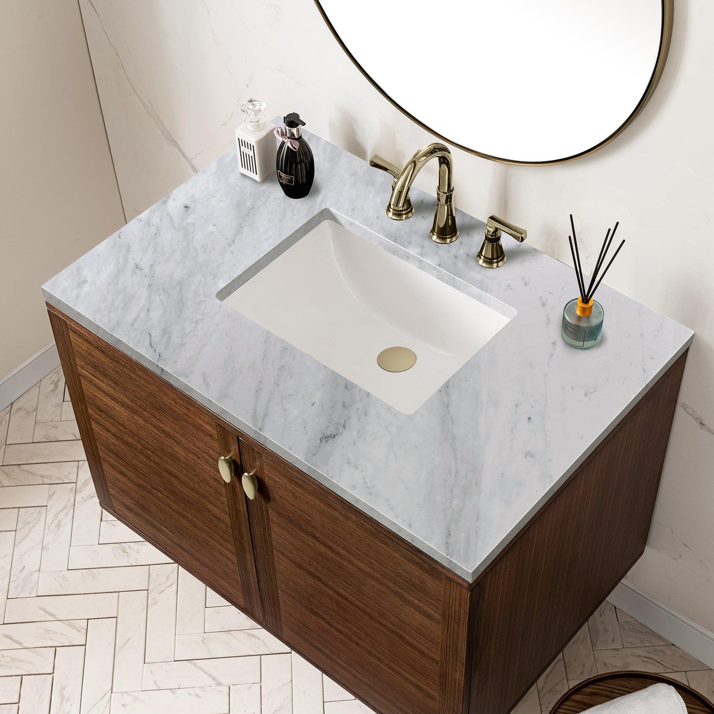 James Martin Vanities Amberly 36" Mid-Century Walnut Single Vanity With 3cm Carrara Marble Top