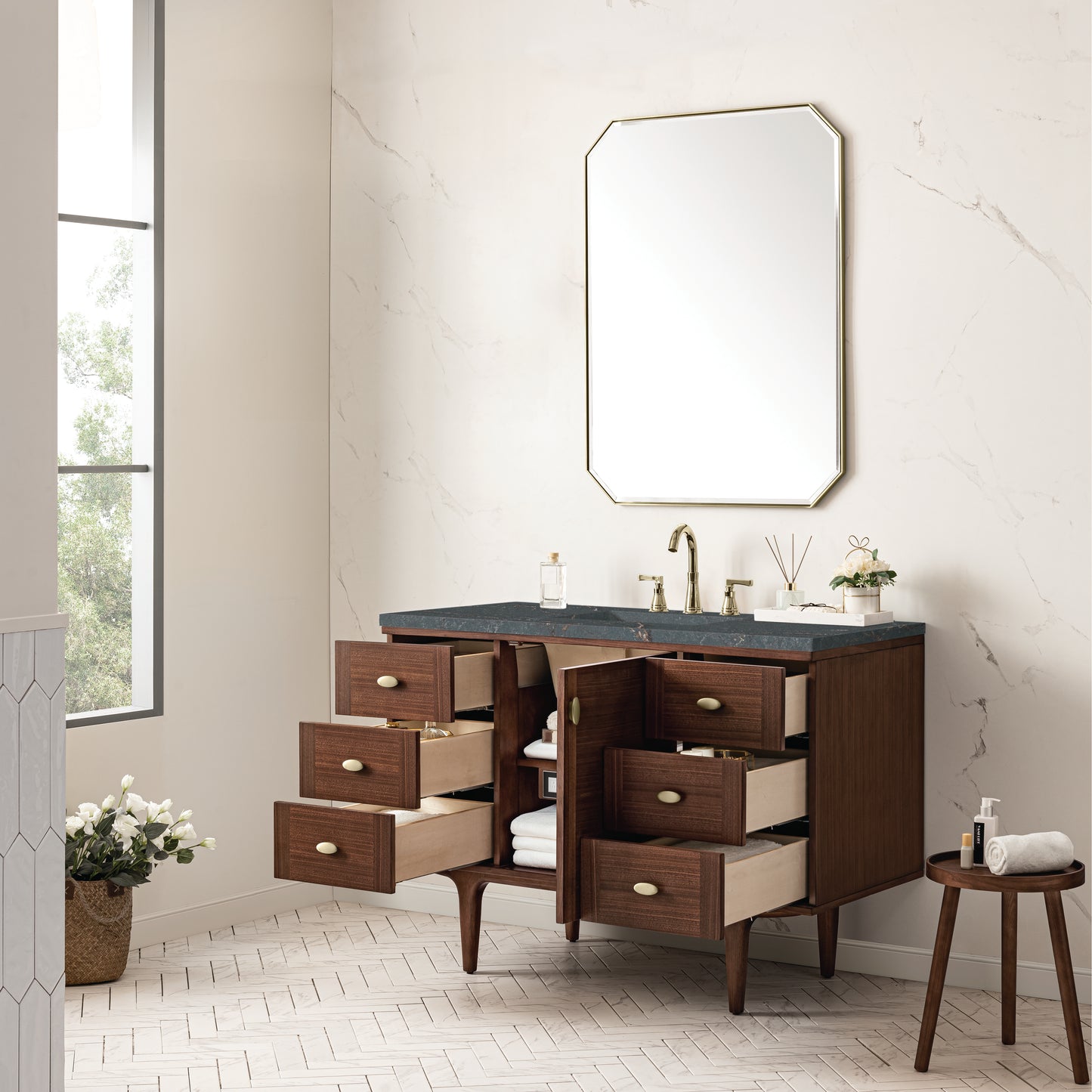 James Martin Vanities Amberly 48" Mid-Century Walnut Single Vanity With 3 cm Parisien Bleu Top and FreePower Wireless Charger