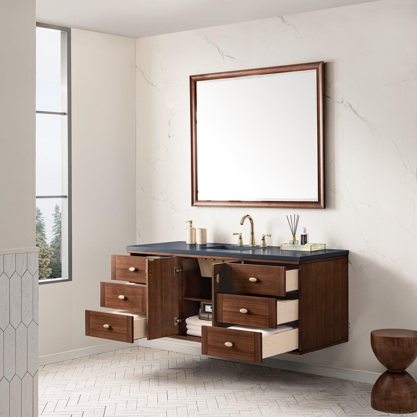 James Martin Vanities Amberly 60" Mid-Century Walnut Single Vanity With 3cm Charcoal Soapstone Top