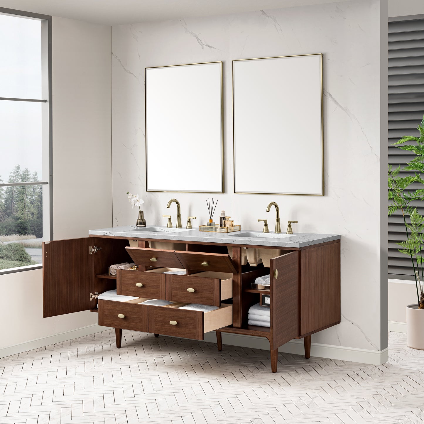 James Martin Vanities Amberly 72" Mid-Century Walnut Double Vanity With 3 cm Ethereal Noctis Top and FreePower Wireless Charger