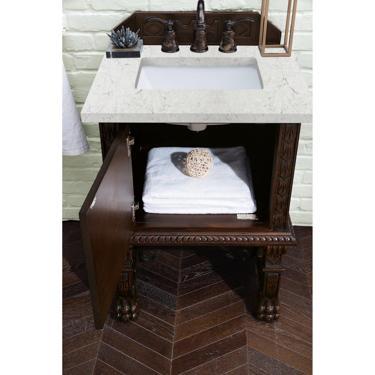 James Martin Vanities Balmoral 26" Antique Walnut Single Vanity Cabinet With 3cm Eternal Jasmine Pearl Quartz Top
