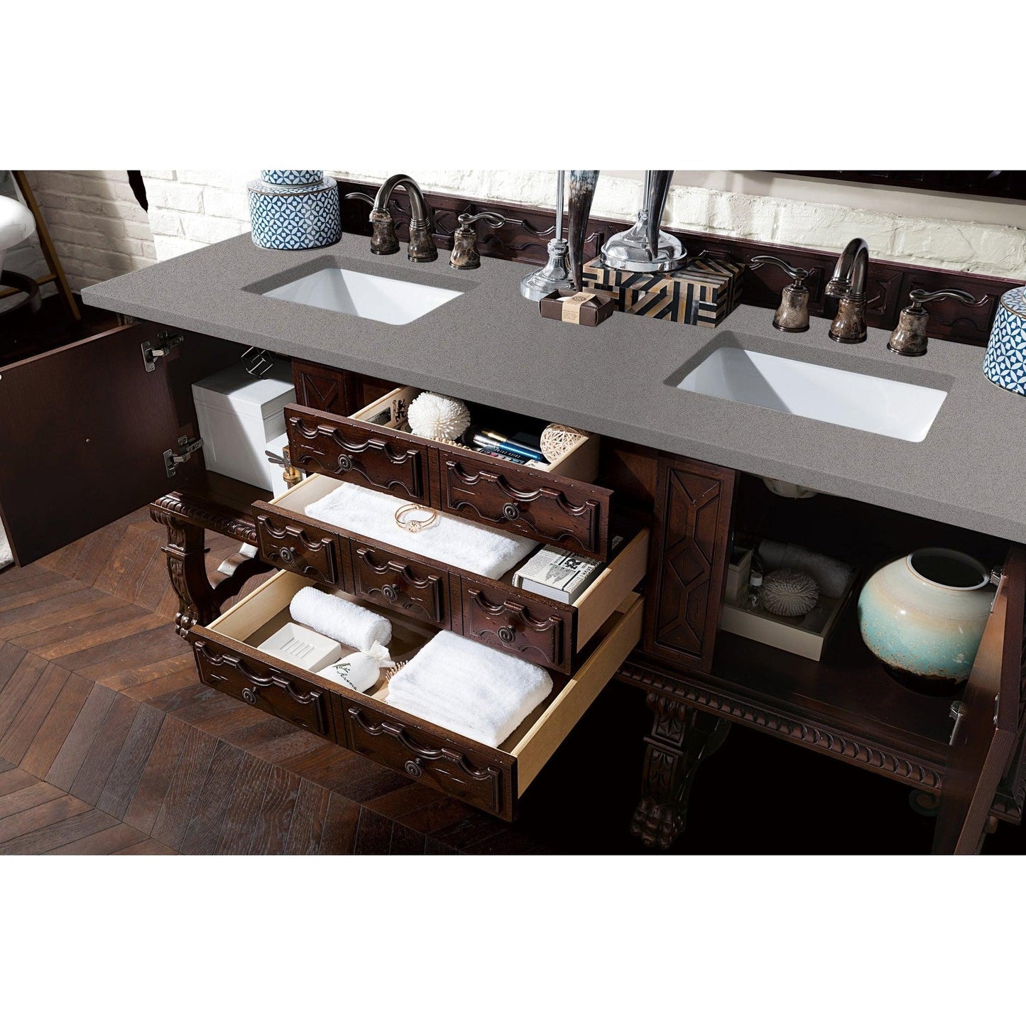 James Martin Vanities Balmoral 72" Antique Walnut Double Vanity Cabinet With 3cm Grey Expo Quartz Top