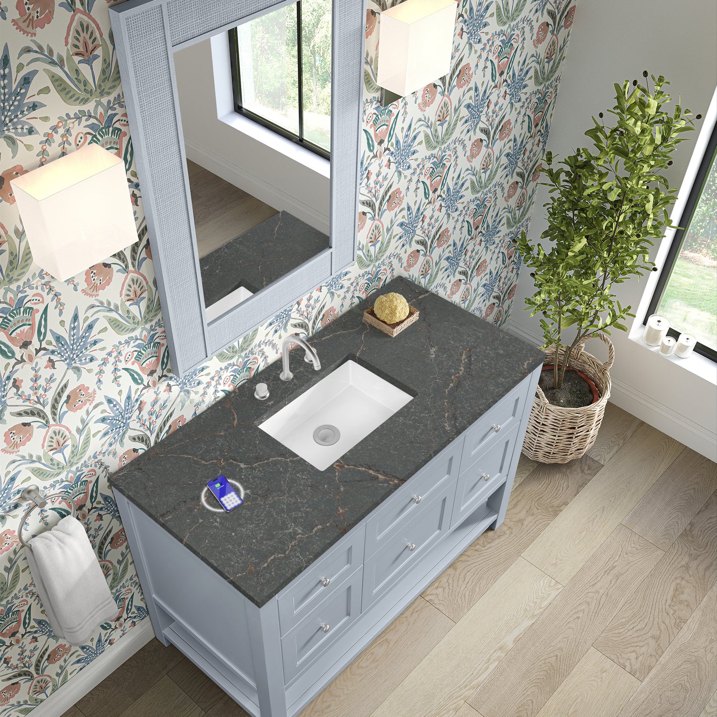 James Martin Vanities Breckenridge 48" Serenity Blue Single Vanity With 3 cm Parisien Bleu Quartz Top and FreePower Wireless Charger