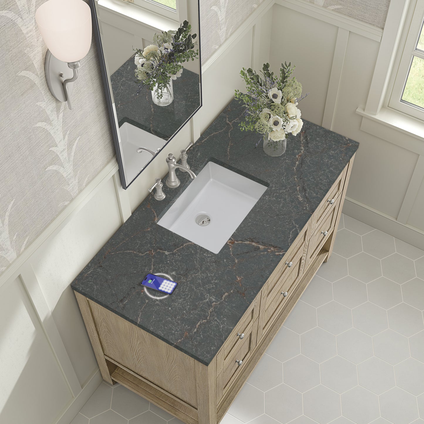 James Martin Vanities Breckenridge 48" Whitewashed Oak Single Vanity With 3 cm Parisien Bleu Silestone Top and FreePower Wireless Charger