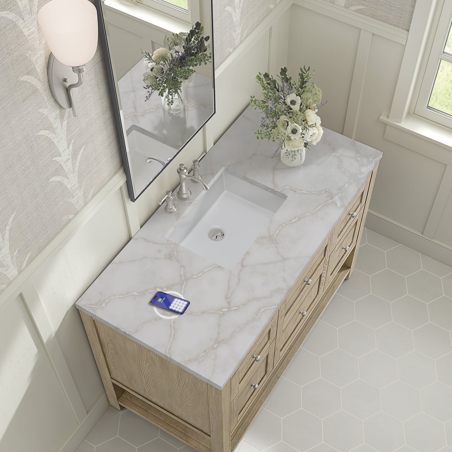 James Martin Vanities Breckenridge 48" Whitewashed Oak Single Vanity With 3 cm Victorian Silver Silestone Top and FreePower Wireless Charger