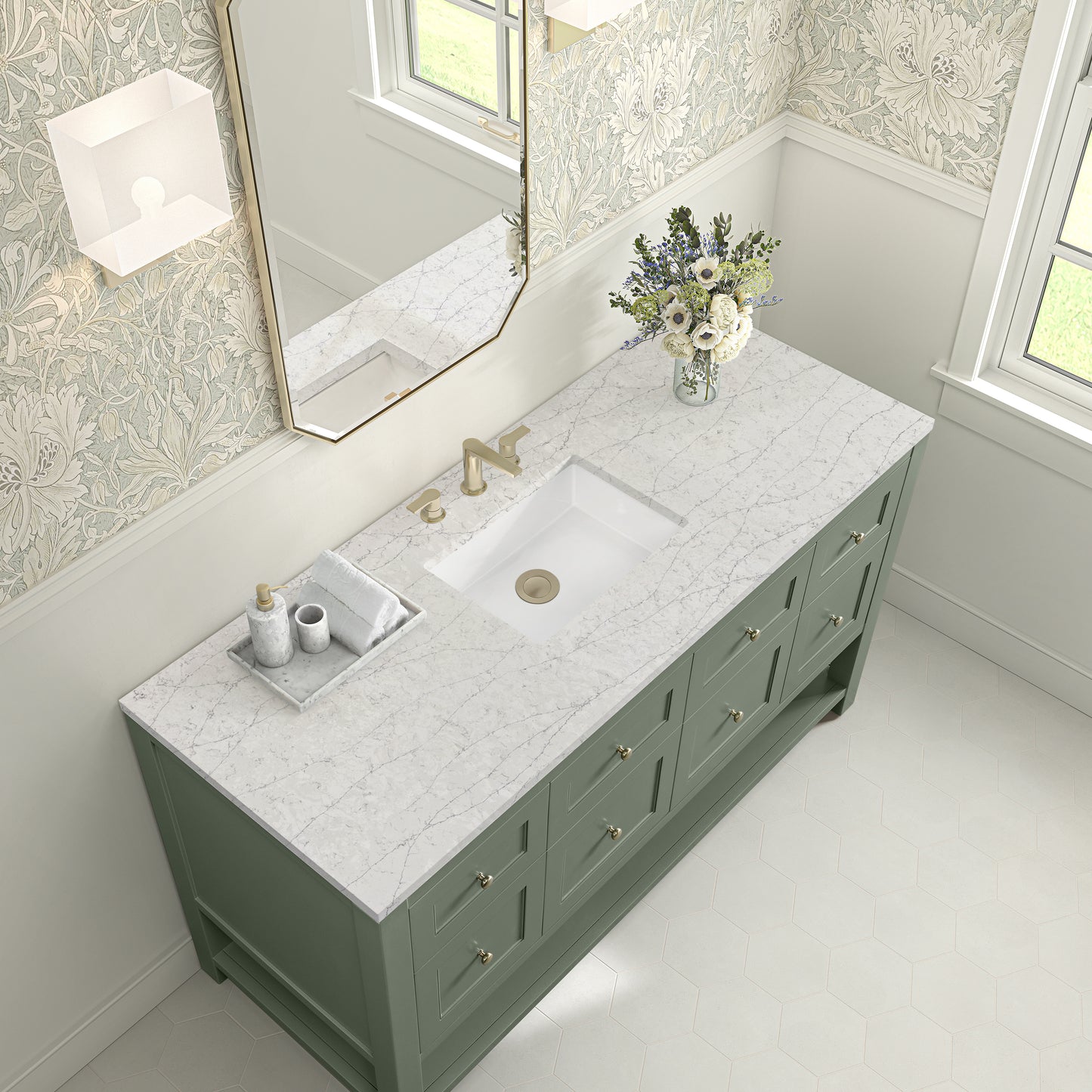 James Martin Vanities Breckenridge 60" Smokey Celadon Single Vanity With 3cm Eternal Jasmine Pearl Silestone Top With FreePower Wireless Charger