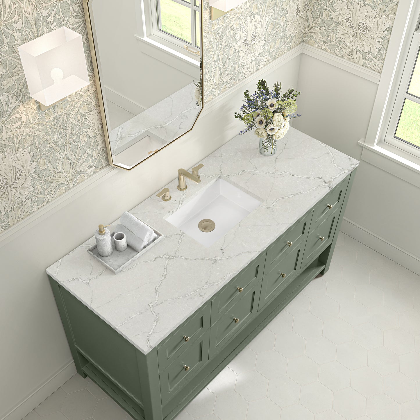 James Martin Vanities Breckenridge 60" Smokey Celadon Single Vanity With 3cm Victorian Silver Silestone Top With FreePower Wireless Charger