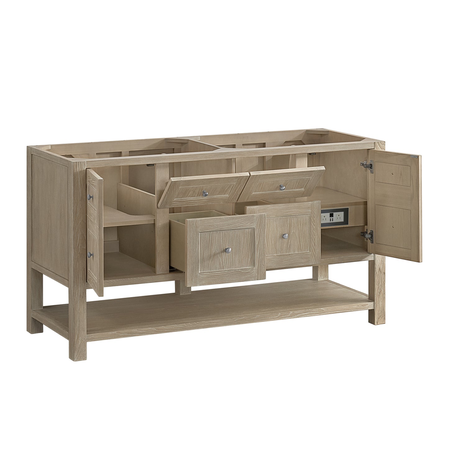 James Martin Vanities Breckenridge 60" Whitewashed Oak Double Vanity With 3 cm Eternal Jasmine Pearl Quartz Top and FreePower Wireless Charger