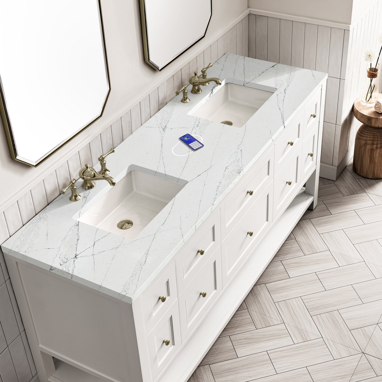 James Martin Vanities Breckenridge 72" Bright White Double Vanity With 3 cm Ethereal Noctis Top and FreePower Wireless Charger