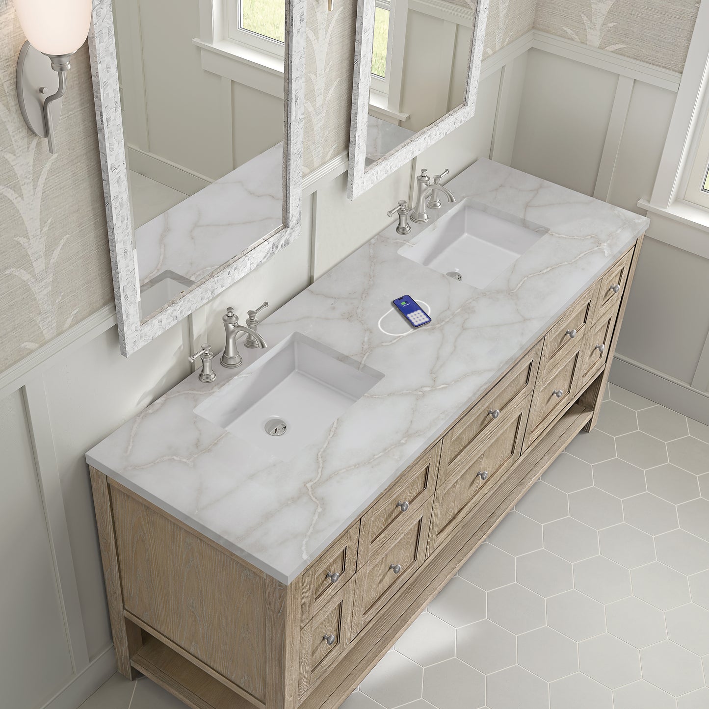 James Martin Vanities Breckenridge 72" Whitewashed Oak Double Vanity With 3 cm Victorian Silver Silestone Top and FreePower Wireless Charger