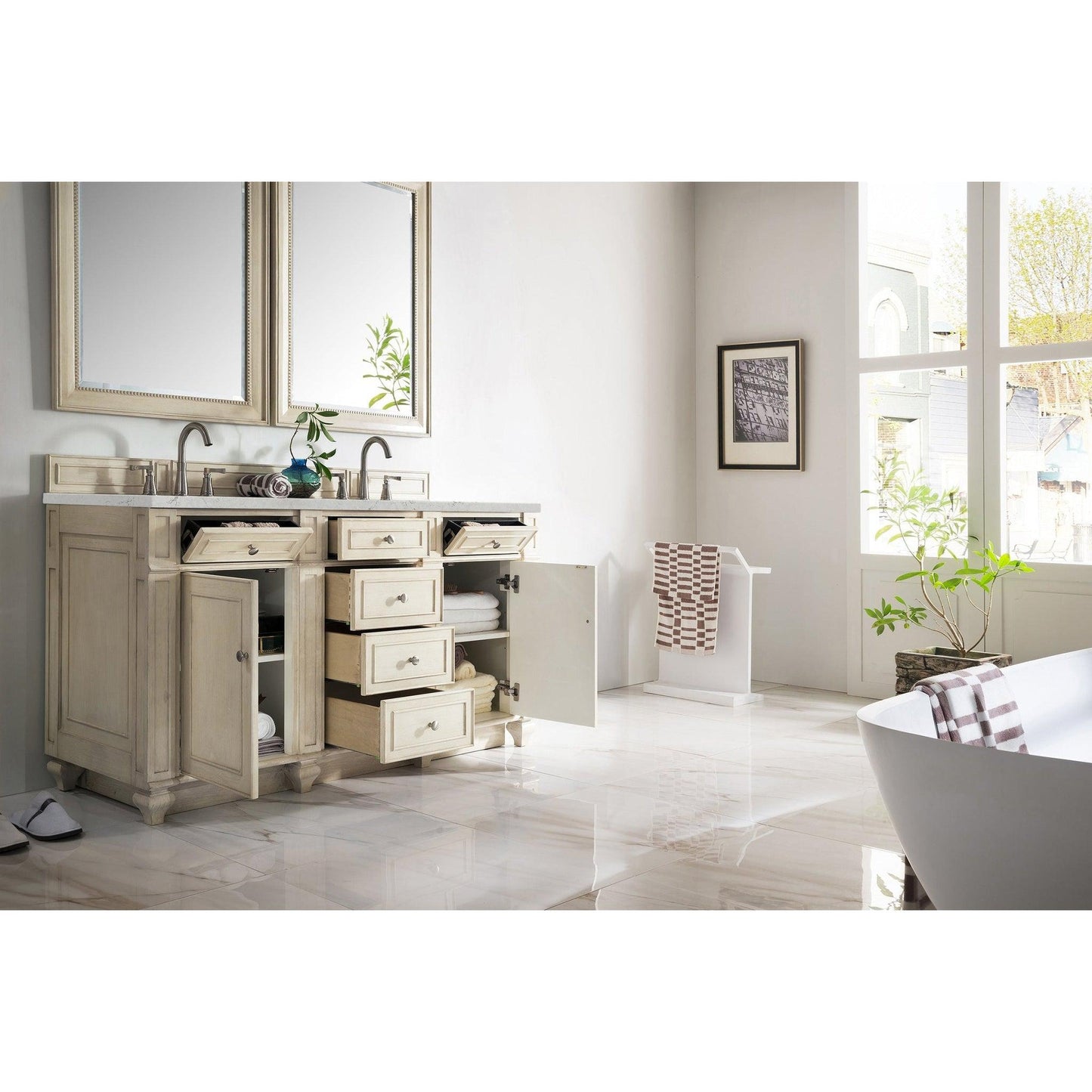 James Martin Vanities Bristol 60" Vintage Vanilla Double Vanity With 3cm Eternal Jasmine Pearl Quartz Top