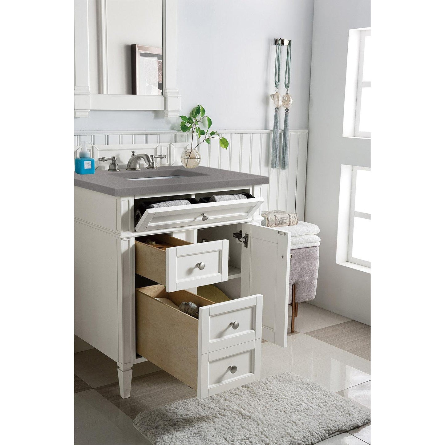 James Martin Vanities Brittany 30" Bright White Single Vanity With 3cm Grey Expo Quartz Top