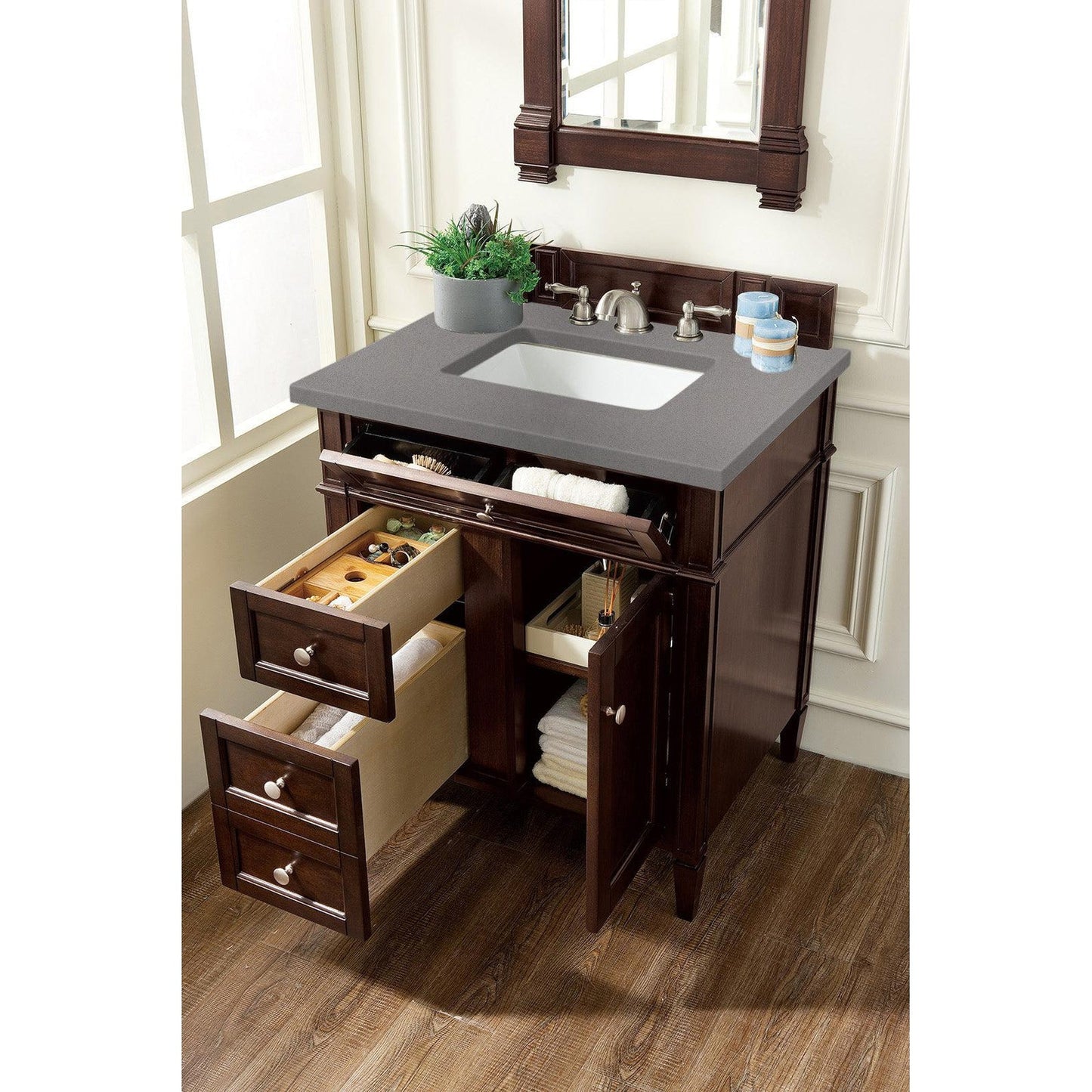 James Martin Vanities Brittany 30" Burnished Mahogany Single Vanity With 3cm Grey Expo Quartz Top