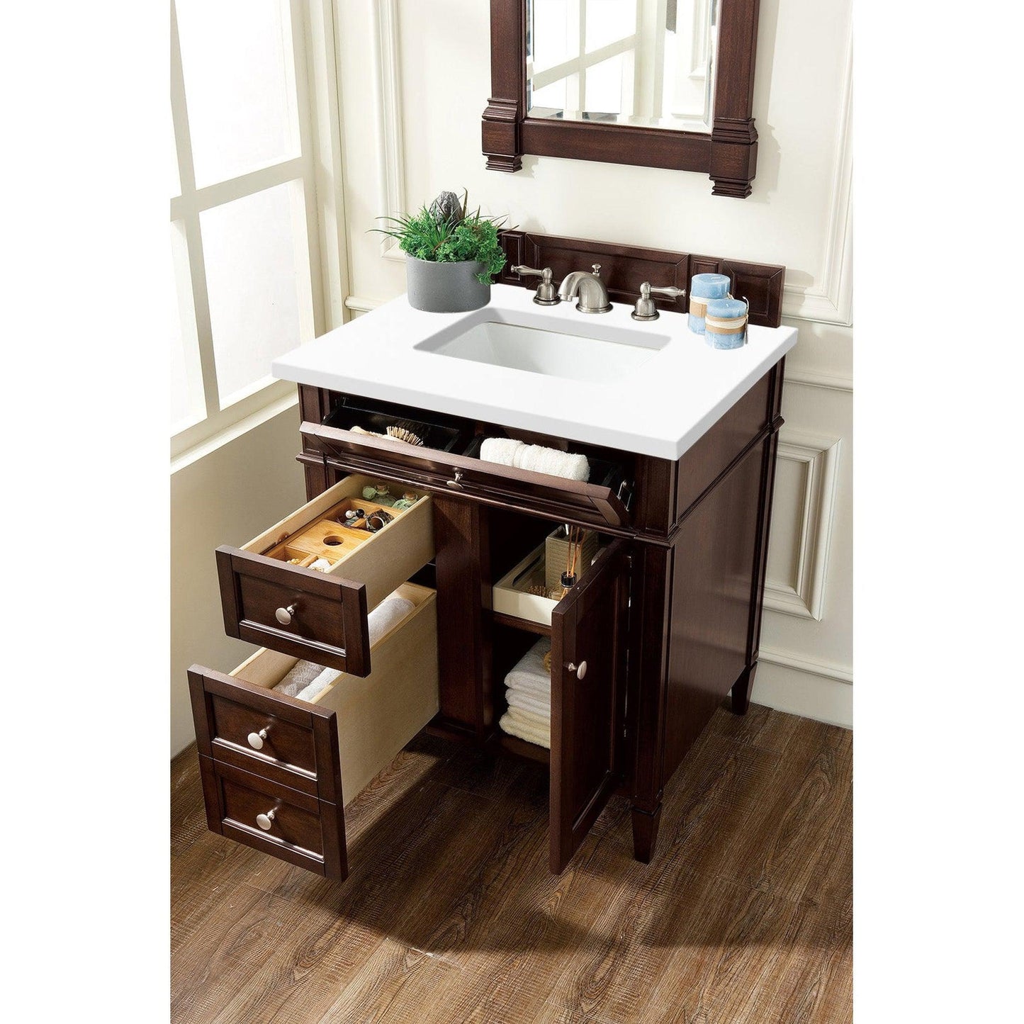 James Martin Vanities Brittany 30" Burnished Mahogany Single Vanity With 3cm White Zeus Quartz Top