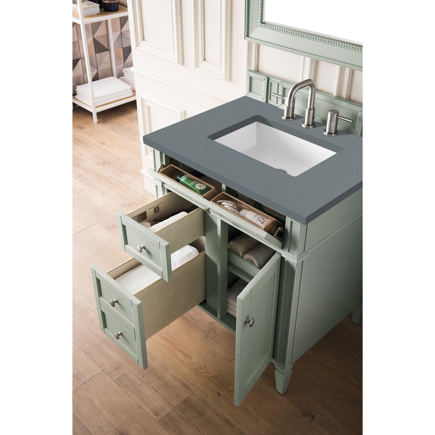 James Martin Vanities Brittany 30" Sage Green Single Vanity With 3cm Cala Blue Quartz Top