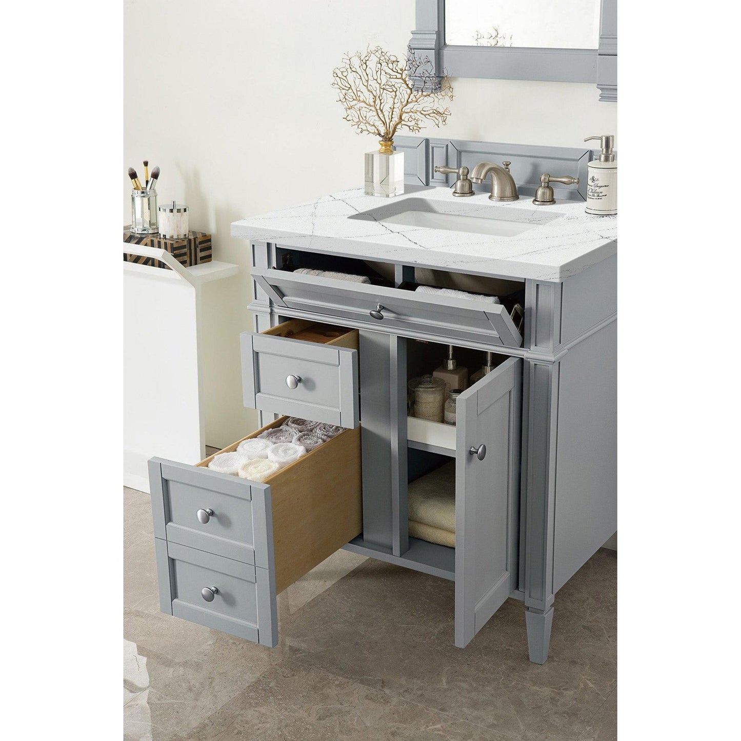James Martin Vanities Brittany 30" Urban Gray Single Vanity With 3cm Ethereal Noctis Quartz Top