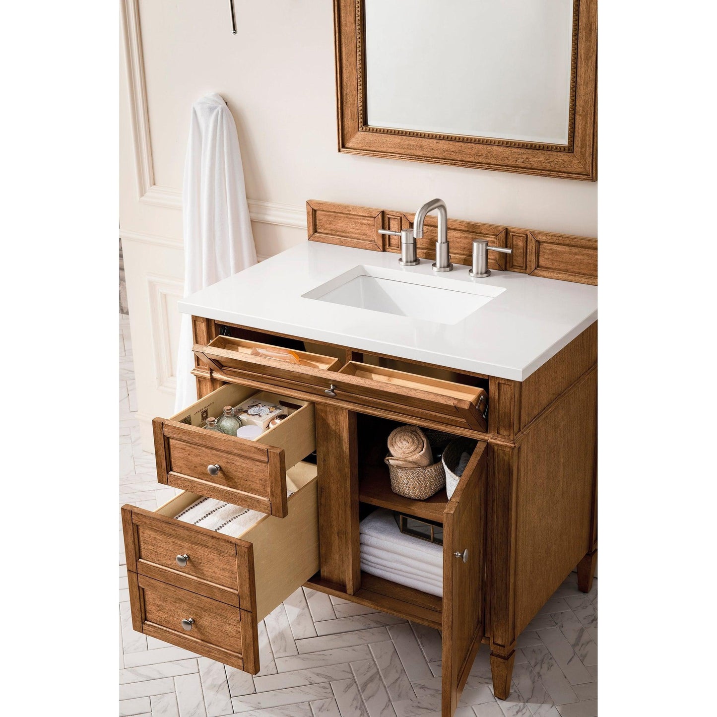 James Martin Vanities Brittany 36" Saddle Brown Single Vanity With 3cm White Zeus Quartz Top