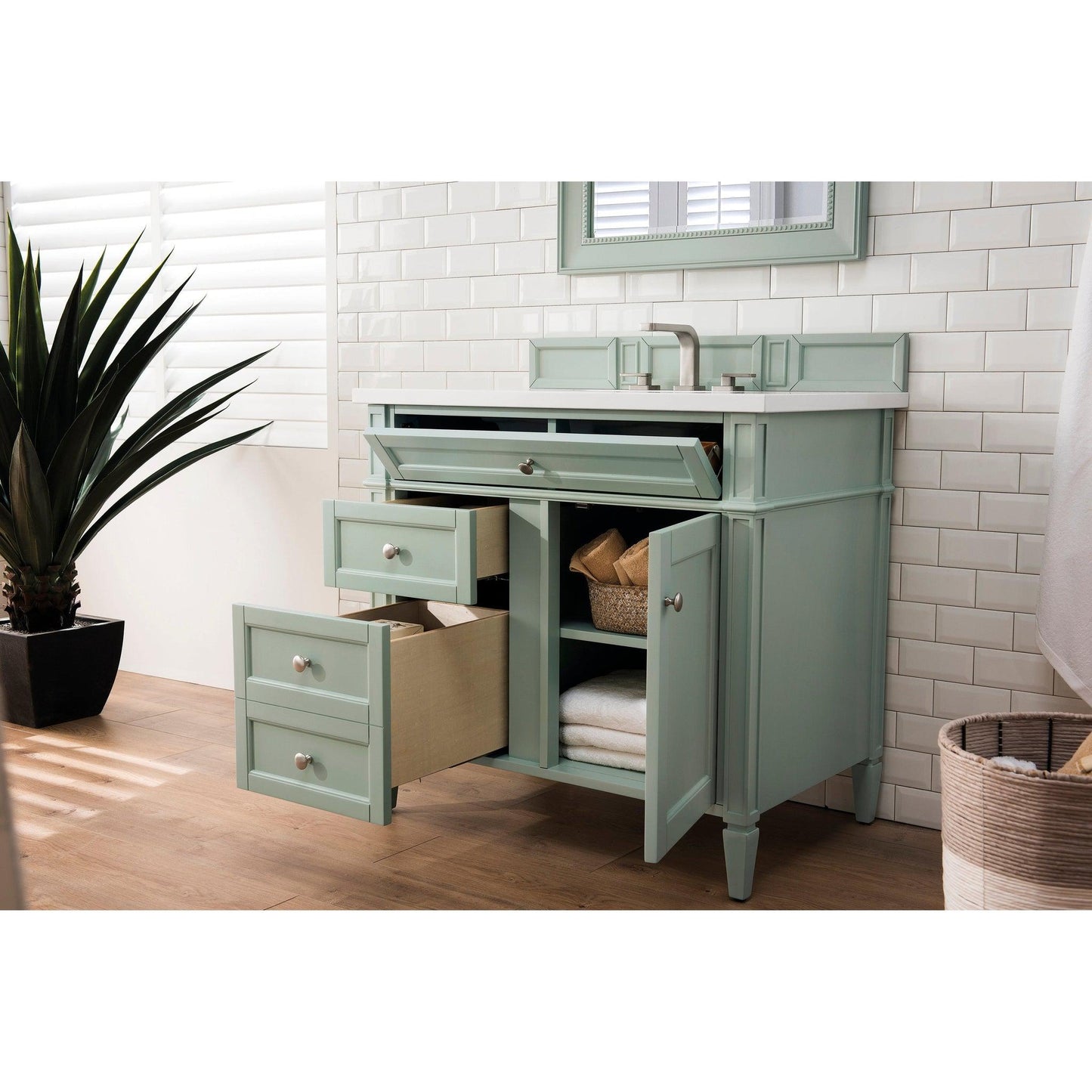 James Martin Vanities Brittany 36" Sage Green Single Vanity With 3cm White Zeus Quartz Top