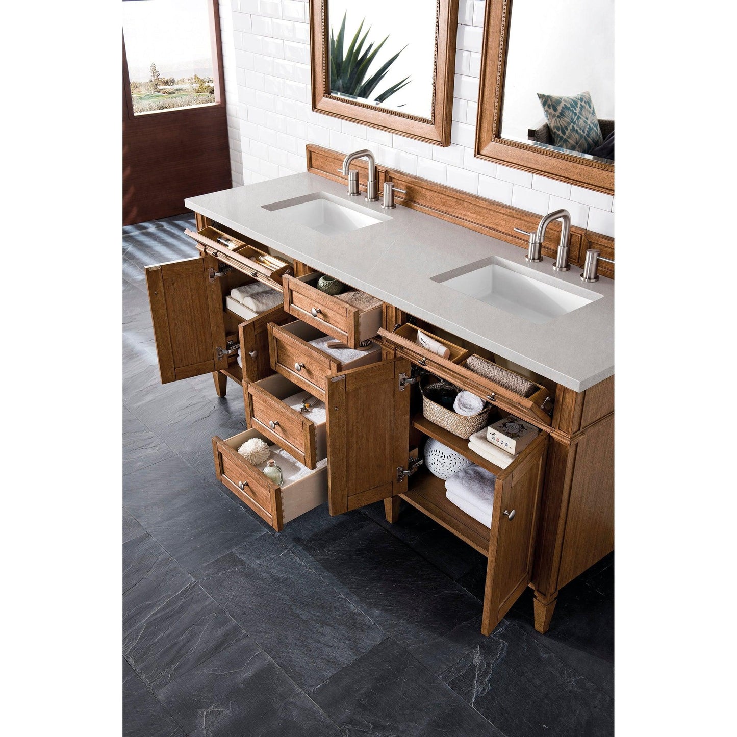 James Martin Vanities Brittany 72" Saddle Brown Double Vanity With 3cm Eternal Serena Quartz Top